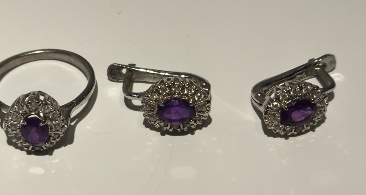 Natural Amethyst S925 ring and earings  set CZ size 6.5-7
