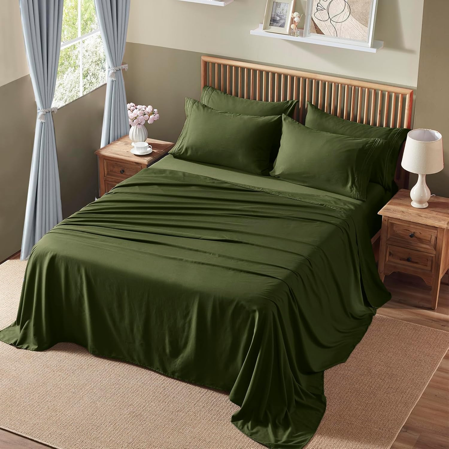 Extra Deep Pocket Full Size Sheets Set, 6 Pieces Soft Olive Green Sheets 18-24 I