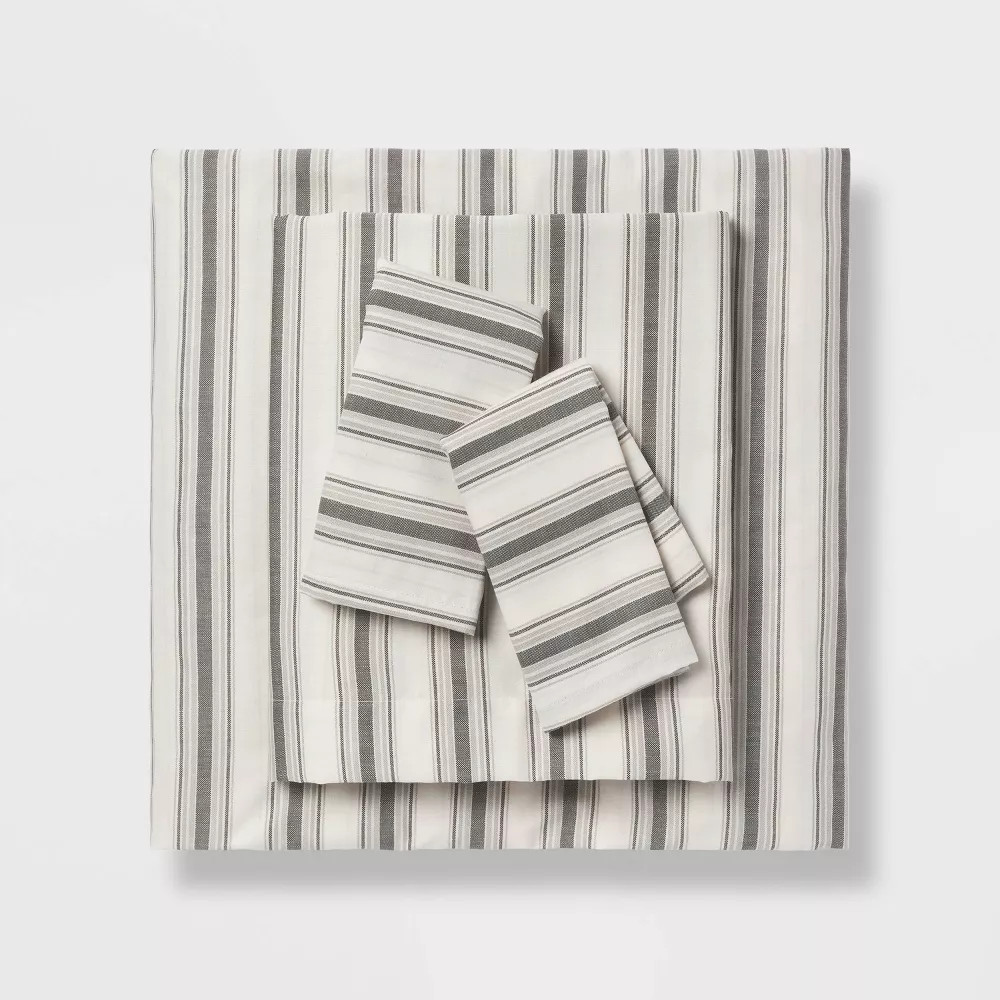 Full Cotton Blend Sateen Sheet Set Gray Textured Stripe - Room Essentials