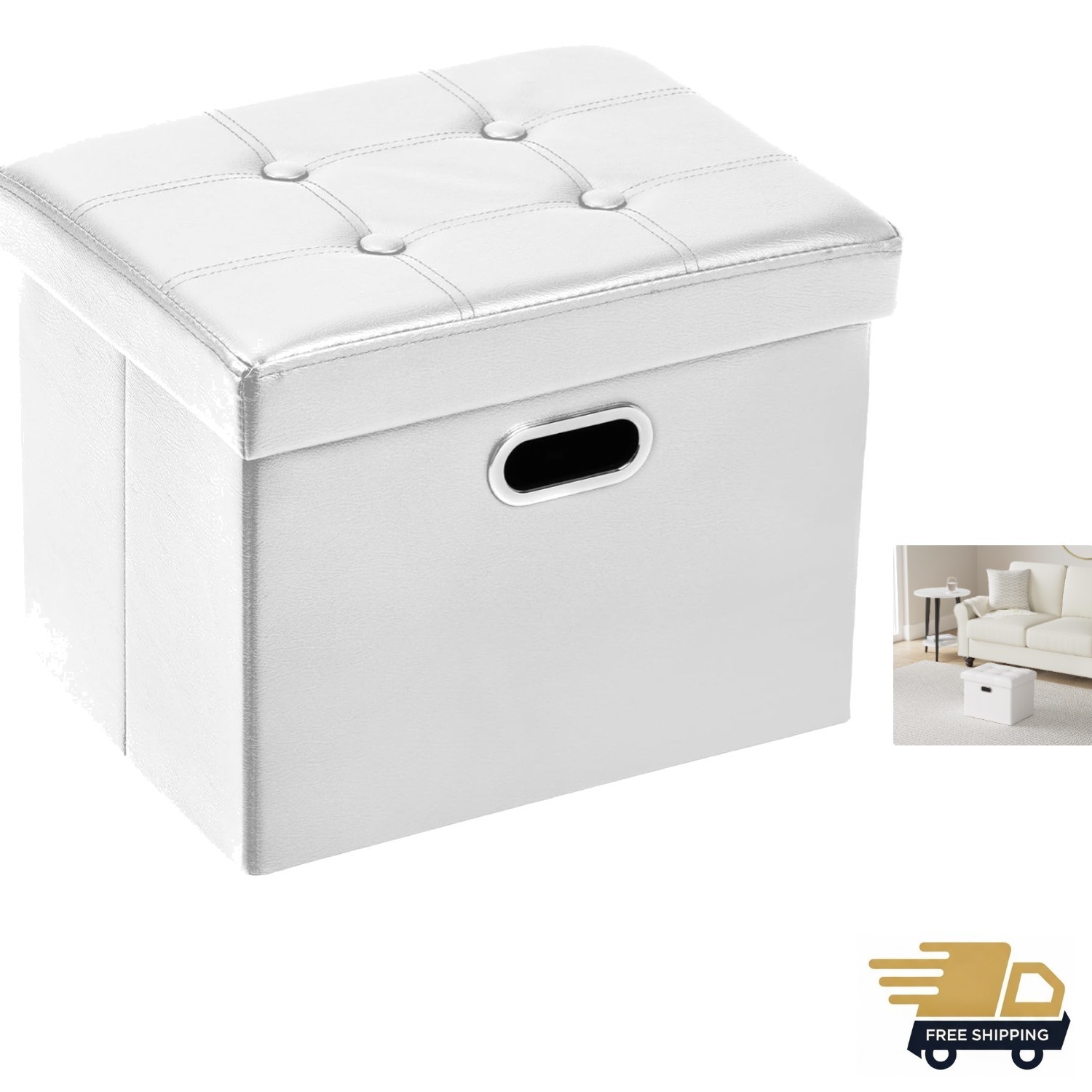 Modern White Storage Ottoman - Functional 17x13x13in with Handles and Comfort