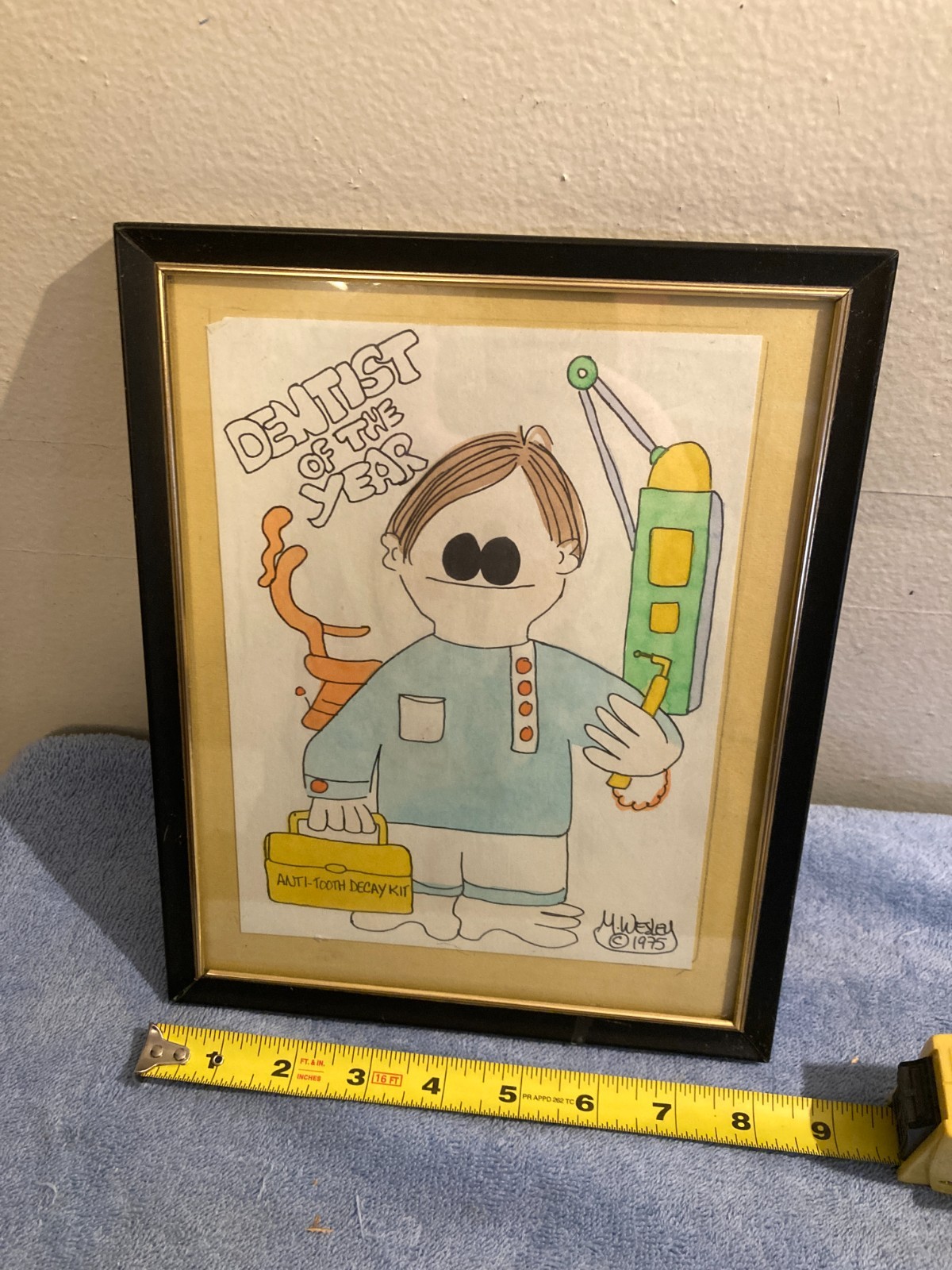 VINTAGE 1975 DENTAL OFFICE FRAMED WALL ART DENTIST OF THE YEAR SIGNED M. WESLEY