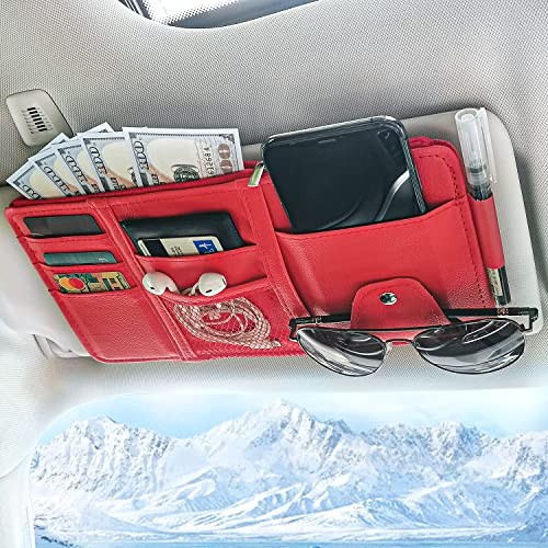 Car Sun Visor Organizer with Multi-Pocket Net Zipper, Truck Visor Red