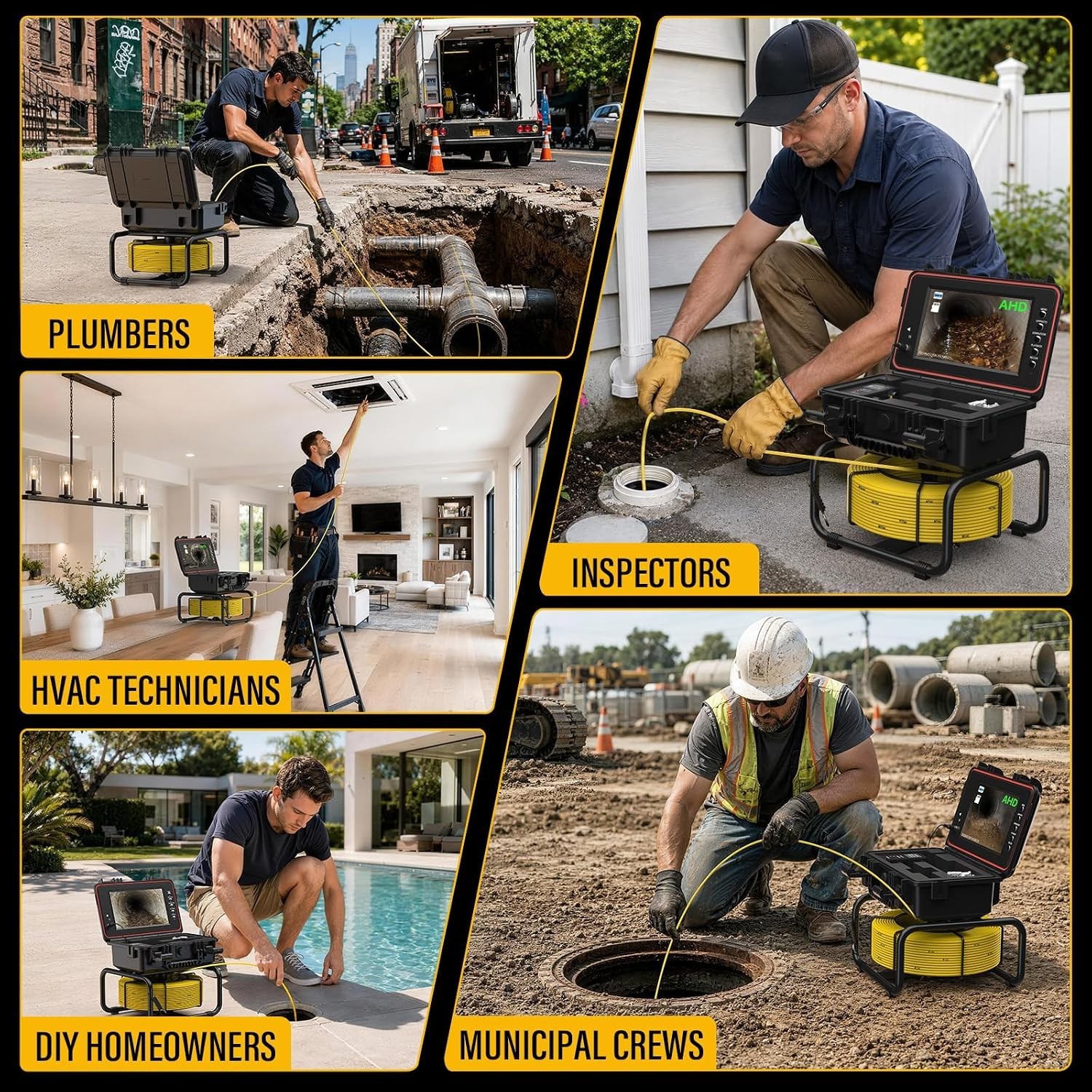 High-Performance 100FT Self-Leveling Pipe Camera with 5x Zoom & 10-Hour Battery