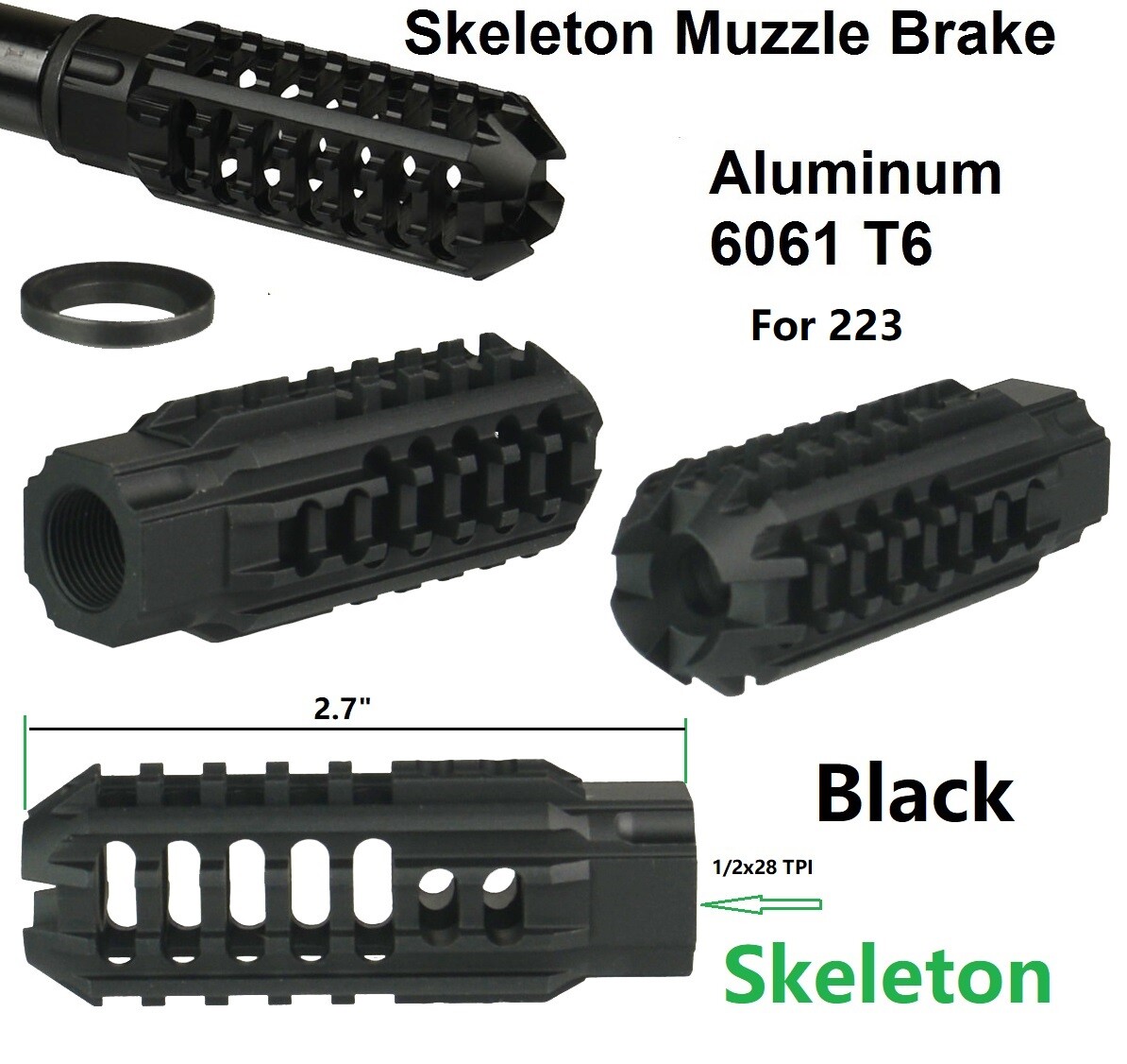 Compact Skeleton Low Concussion Muzzle Brake Compensator 1/2x28 TPI For 223
