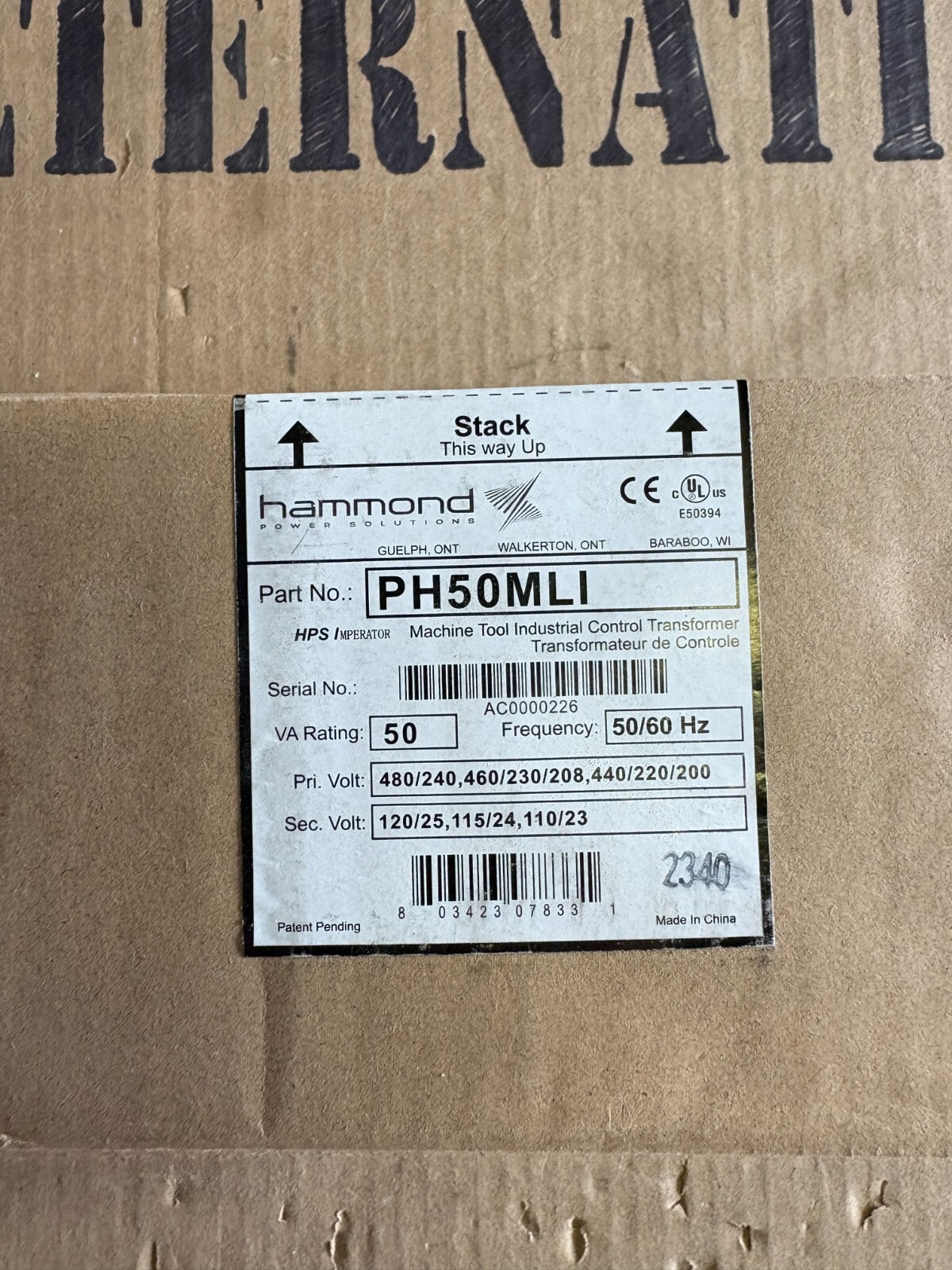 HPS PH50MLI 50 VA CONTROL TRANSFORMER 480/240 VAC Pri X 120 VAC Sec