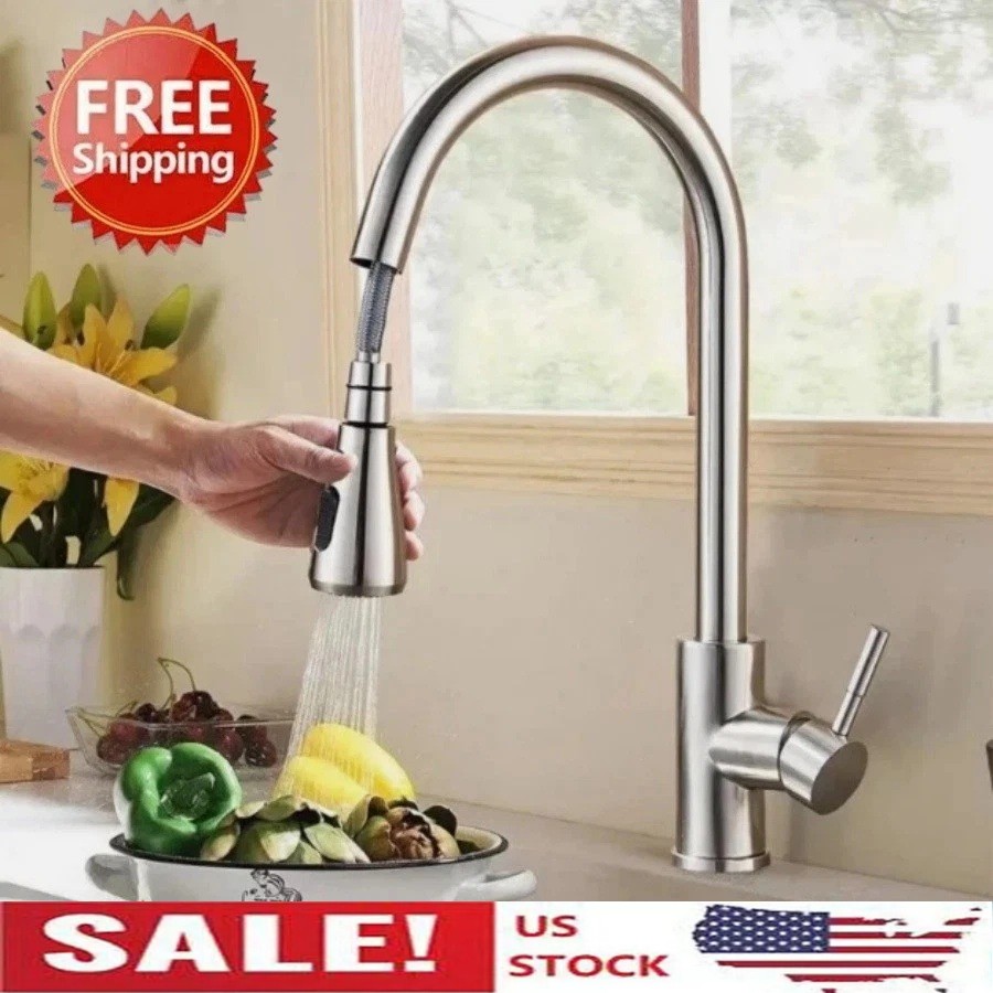 Kitchen Sink Faucet Brushed Nickel Single Handle Swivel Pull Down Sprayer Mixer