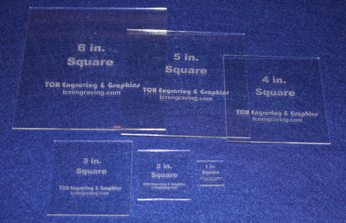 6 Piece Square Set 1 to 6 Inches- 1/8 Thick Acrylic- Actual Size