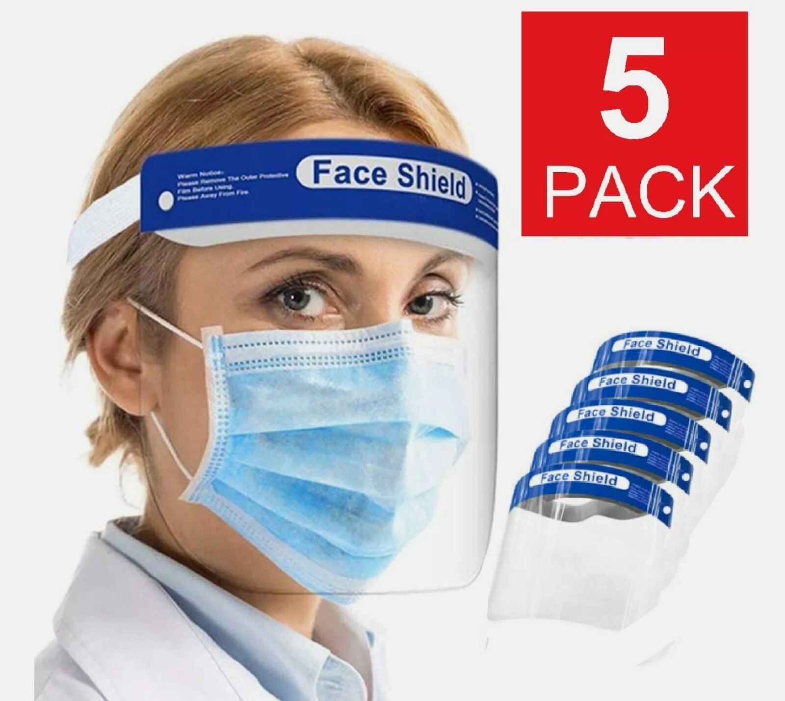 Safety Full Face Shield Reusable Clear Washable Anti-Splash Lot of 5
