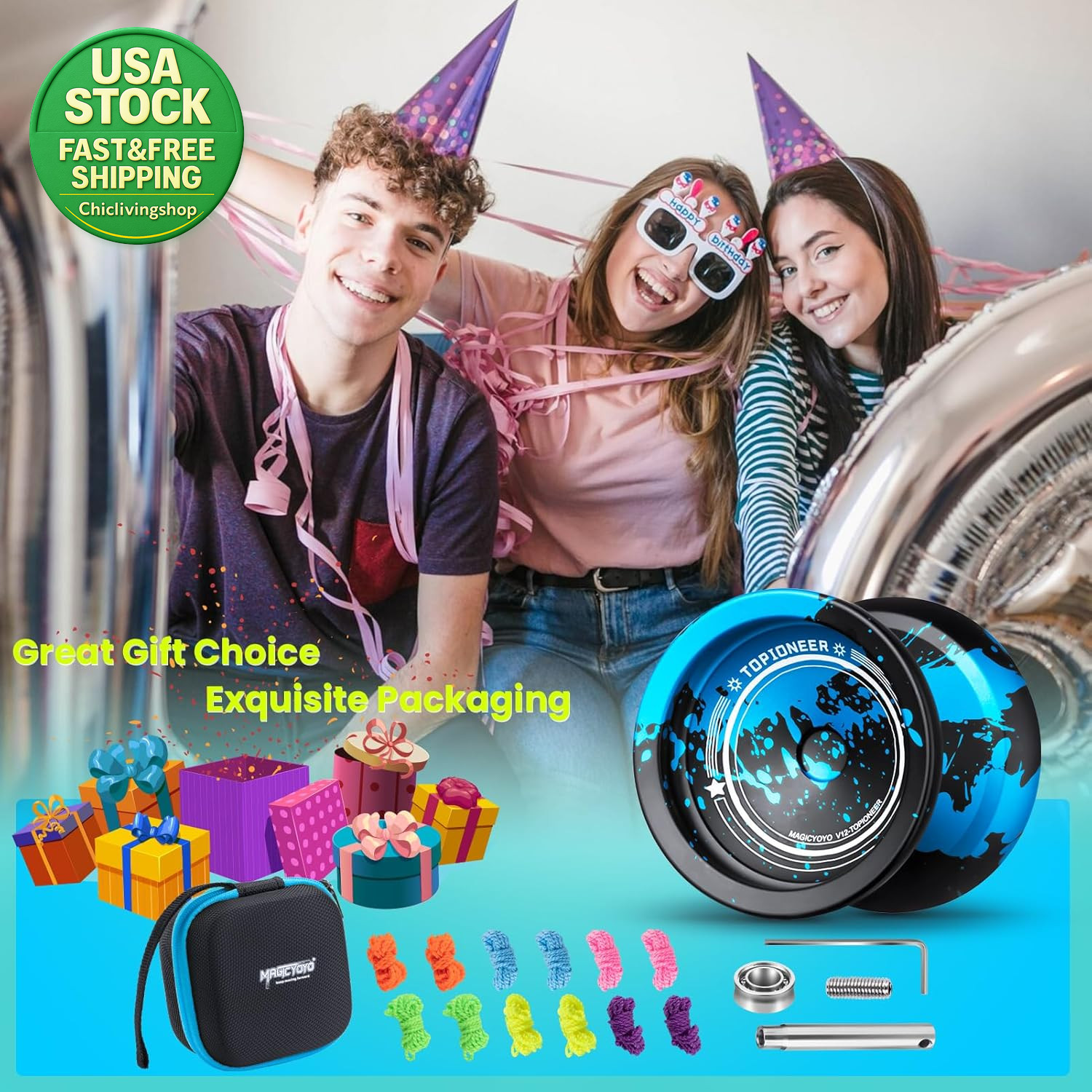 V12 Finger Spin Yoyo Professional Responsive Unresponsive Black Blue