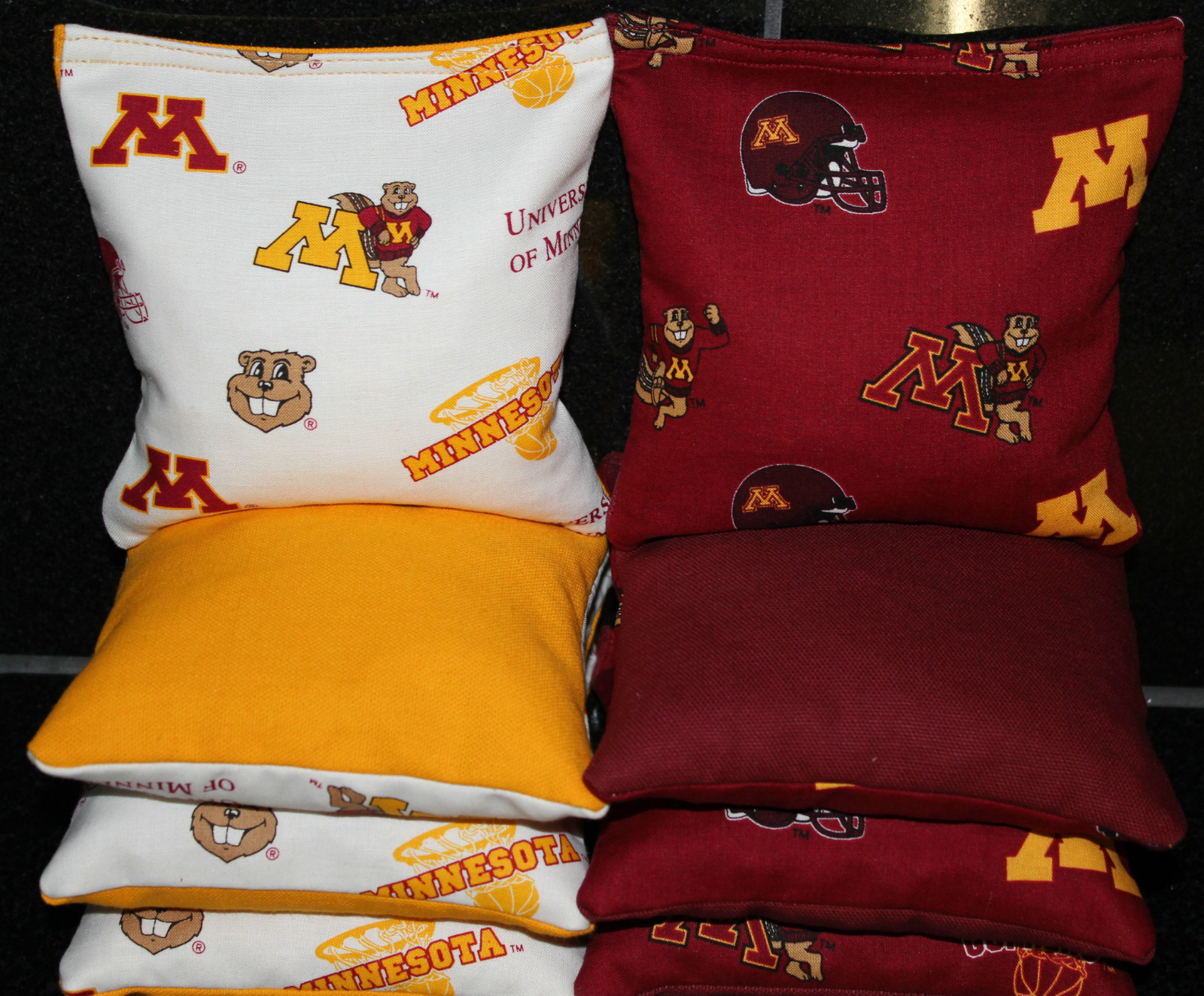 All Weather CORNHOLE BEAN BAGS made w MINNESOTA GOLDEN GOPHERS Fabric