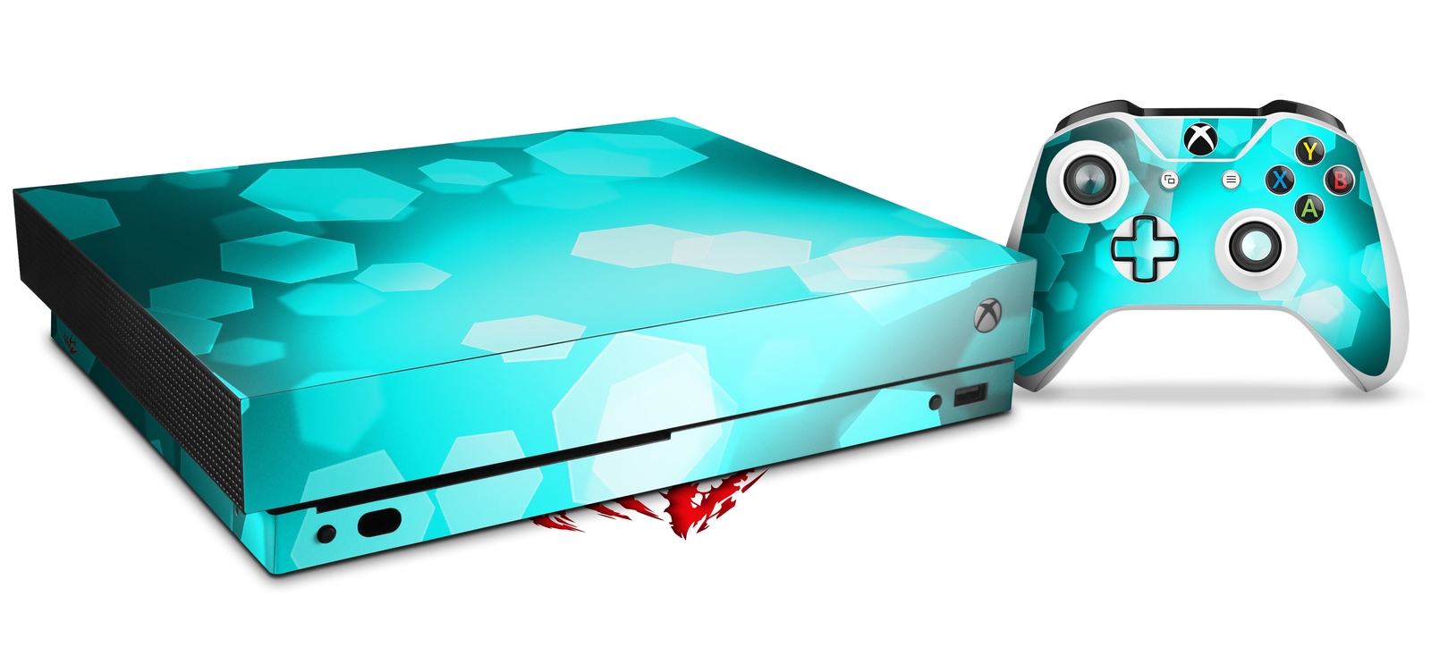 Skin for XBOX One X Console Controller Bokeh Hex Neon Teal Decal