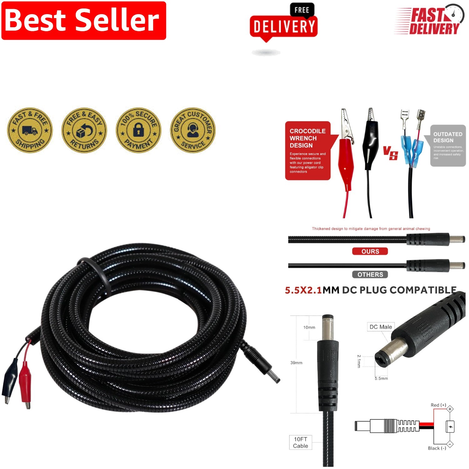 Chew-Resistant 79-Inch Power Cable for Trail Cameras - Waterproof & Heavy Duty