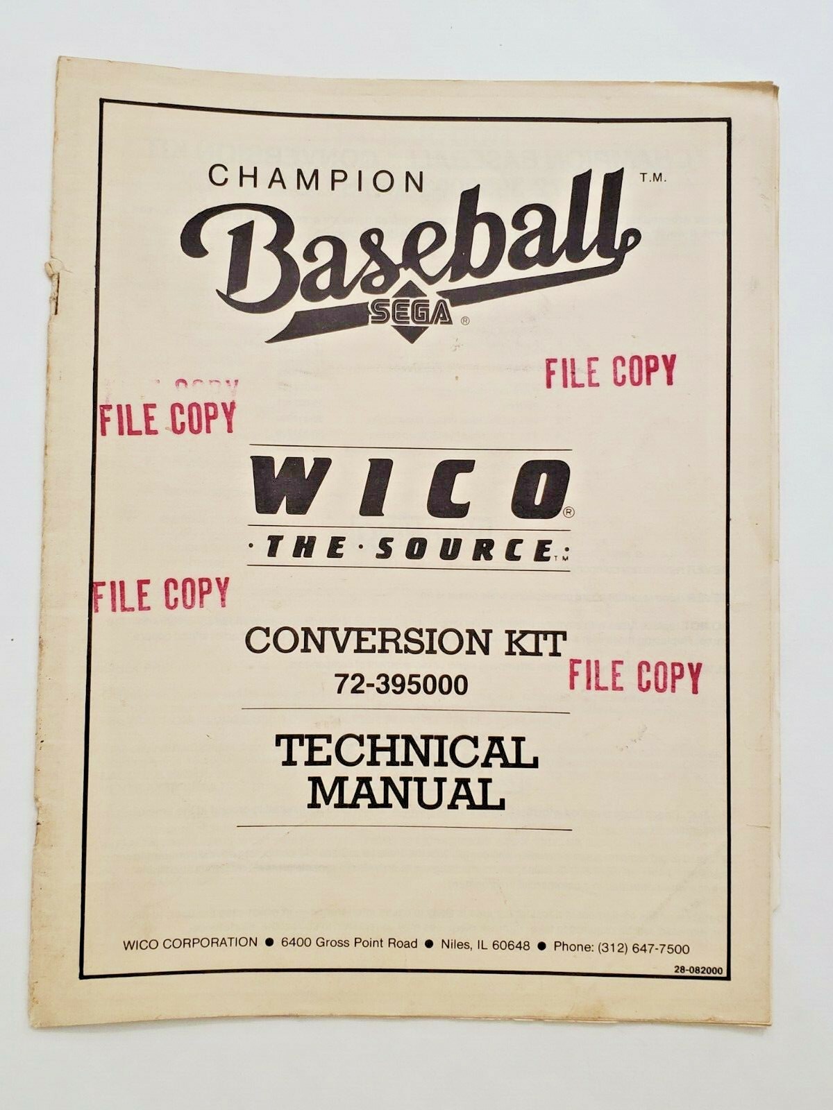 SEGA CHAMPION BASEBALL UPRIGHT VIDEO GAME CONVERSION KIT TECHNICAL MANUAL WICO