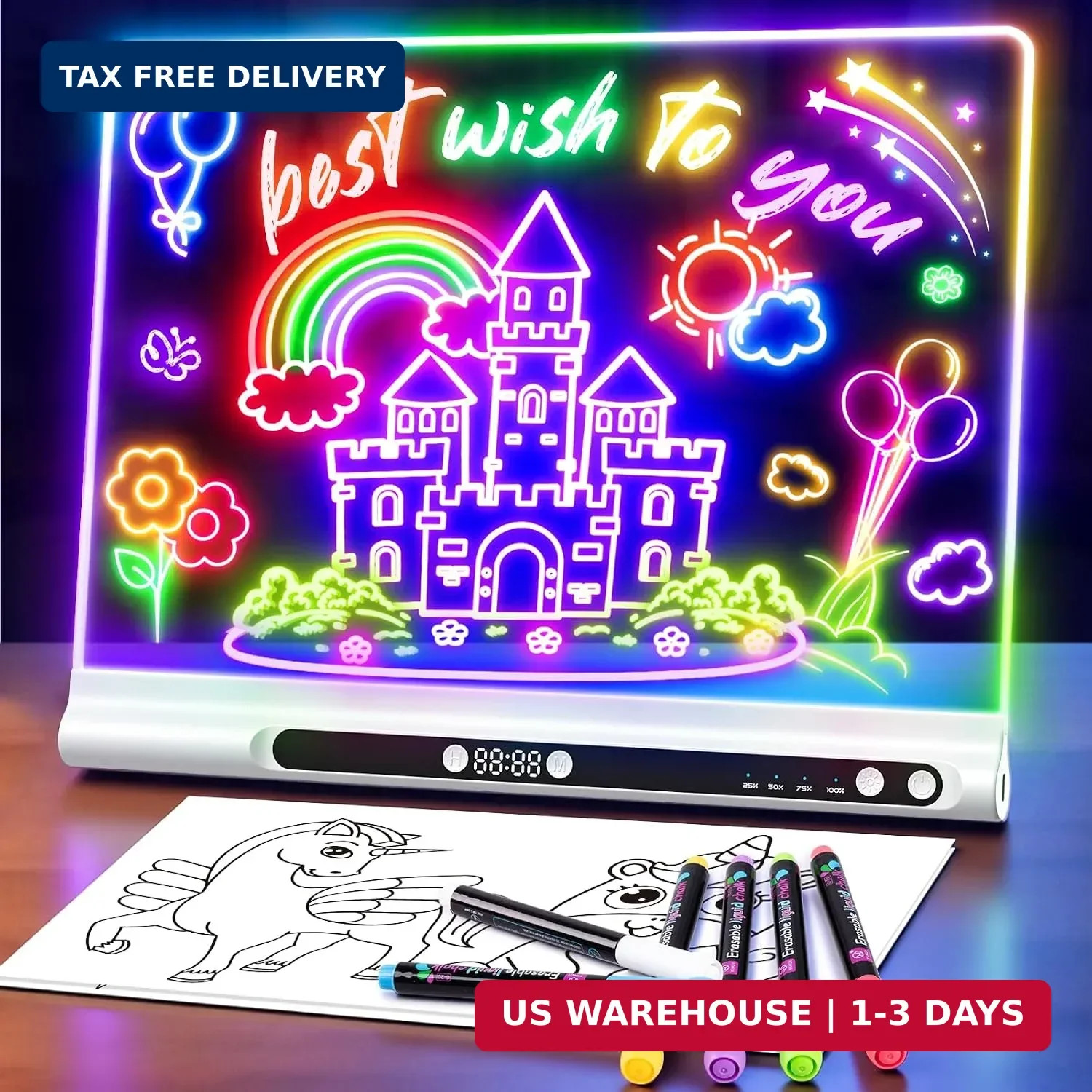 Geokay 16" Rechargeable LED Drawing Board, 9-Color Light Modes with Timer | Birt