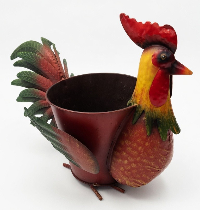 Red Green Yellow Metal Rooster Shaped Decorative Planter for Plants Decor Med.