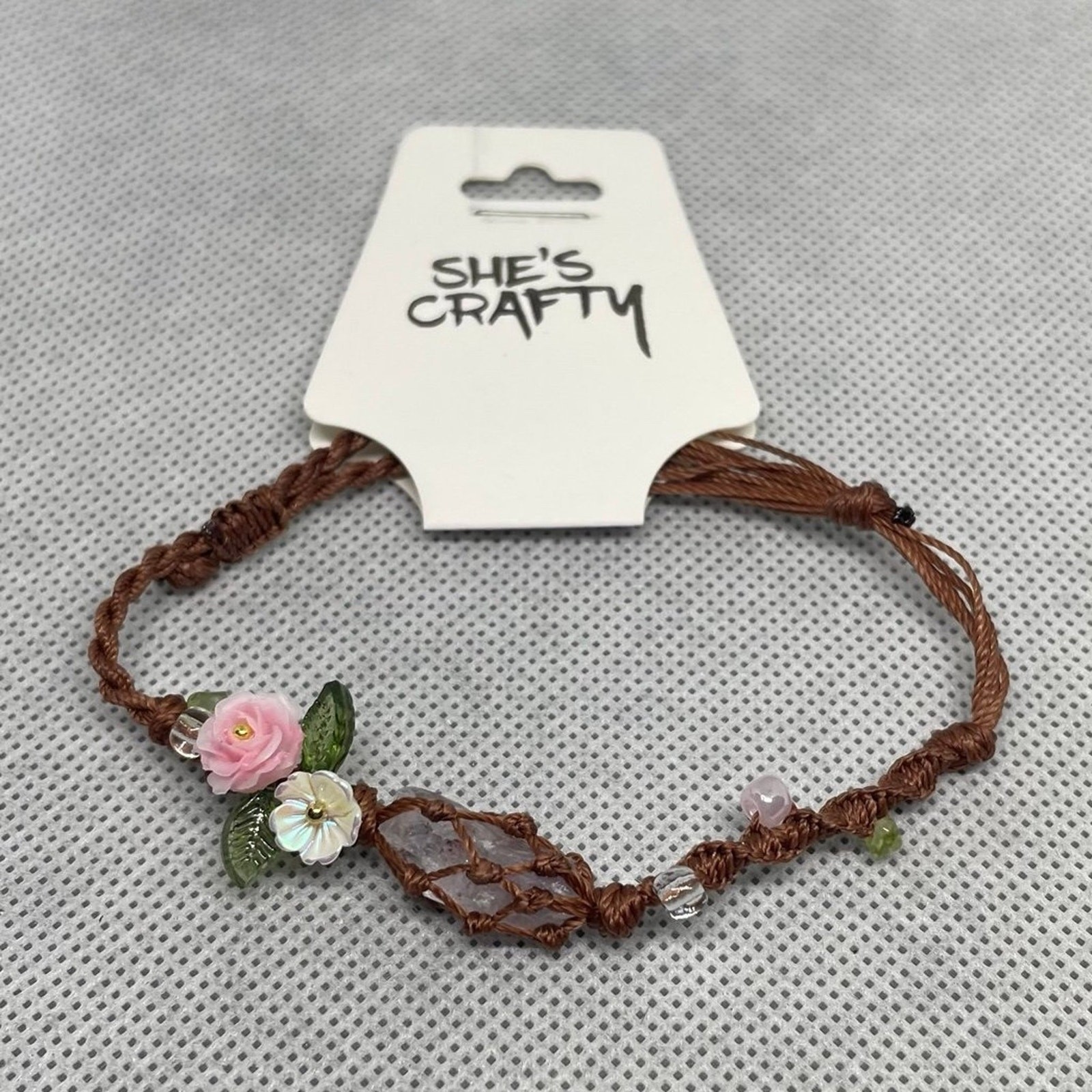 Bohemian Crystal, Floral, Waxed Linen Adjustable Bracelet