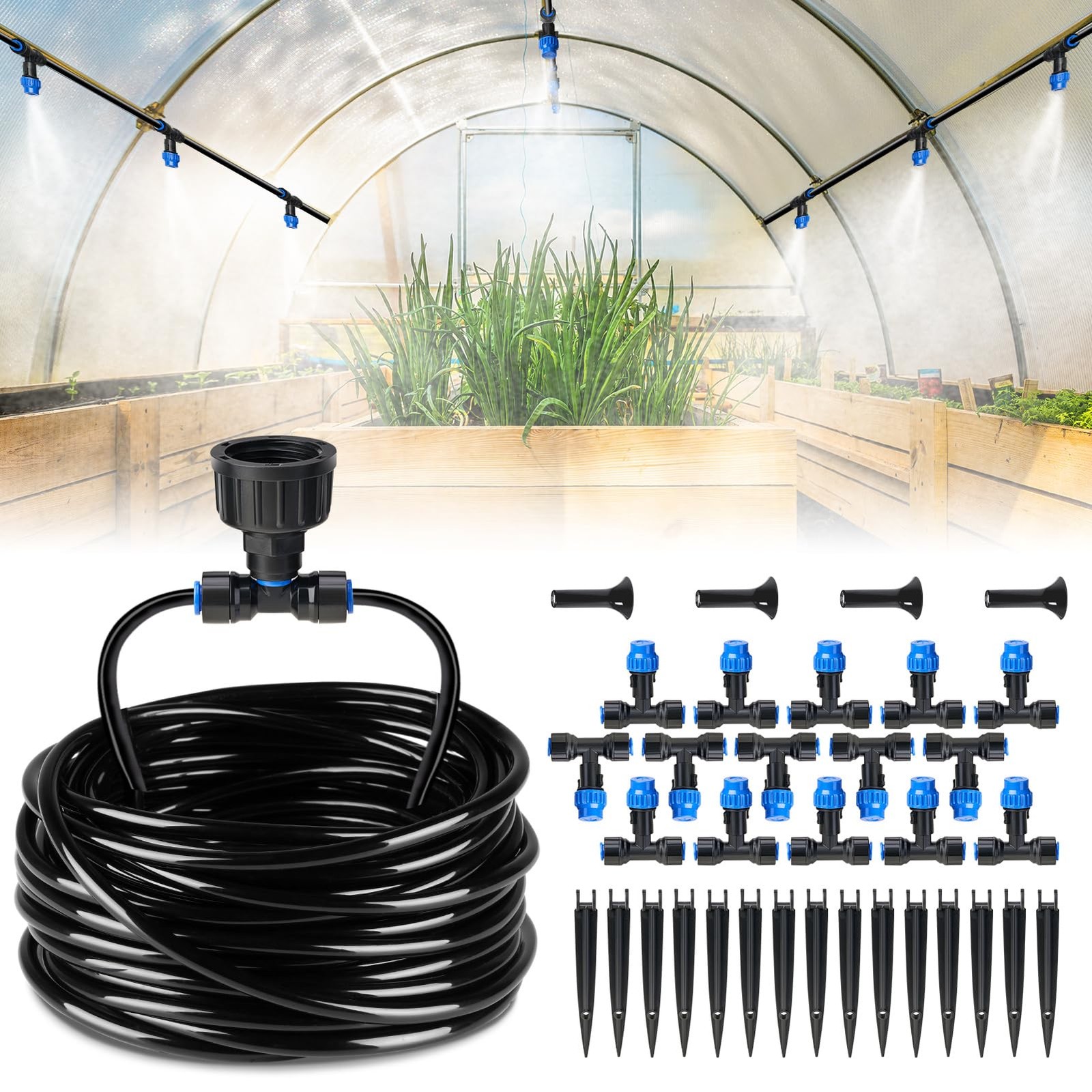 HIRALIY 59FT Greenhouse Misting Drip Irrigation Kit, Quick Connector 59 feet