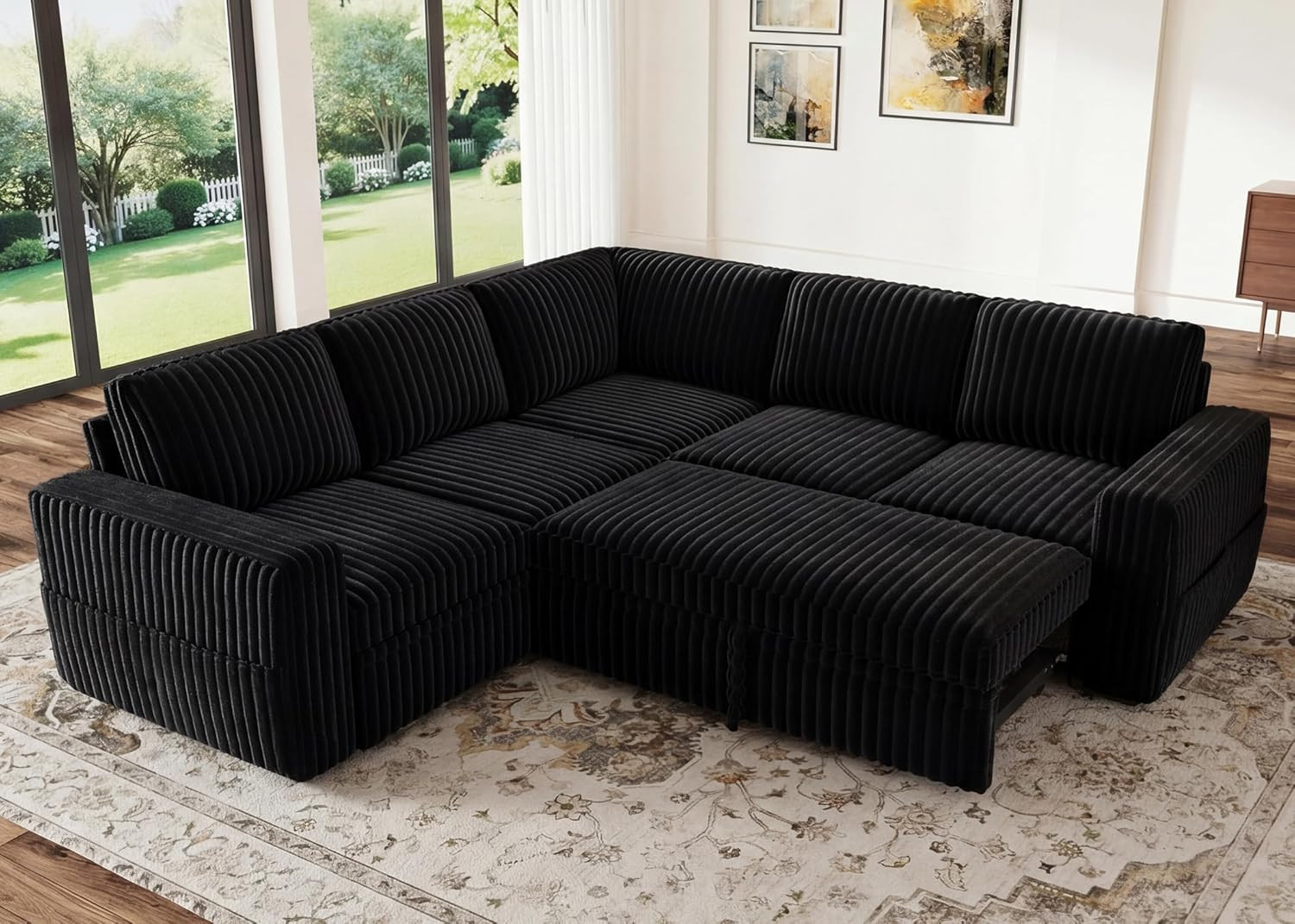 Modular Sectional Sleeper Sofa with Pull Out Bed,Corduroy L Shaped Couch with St