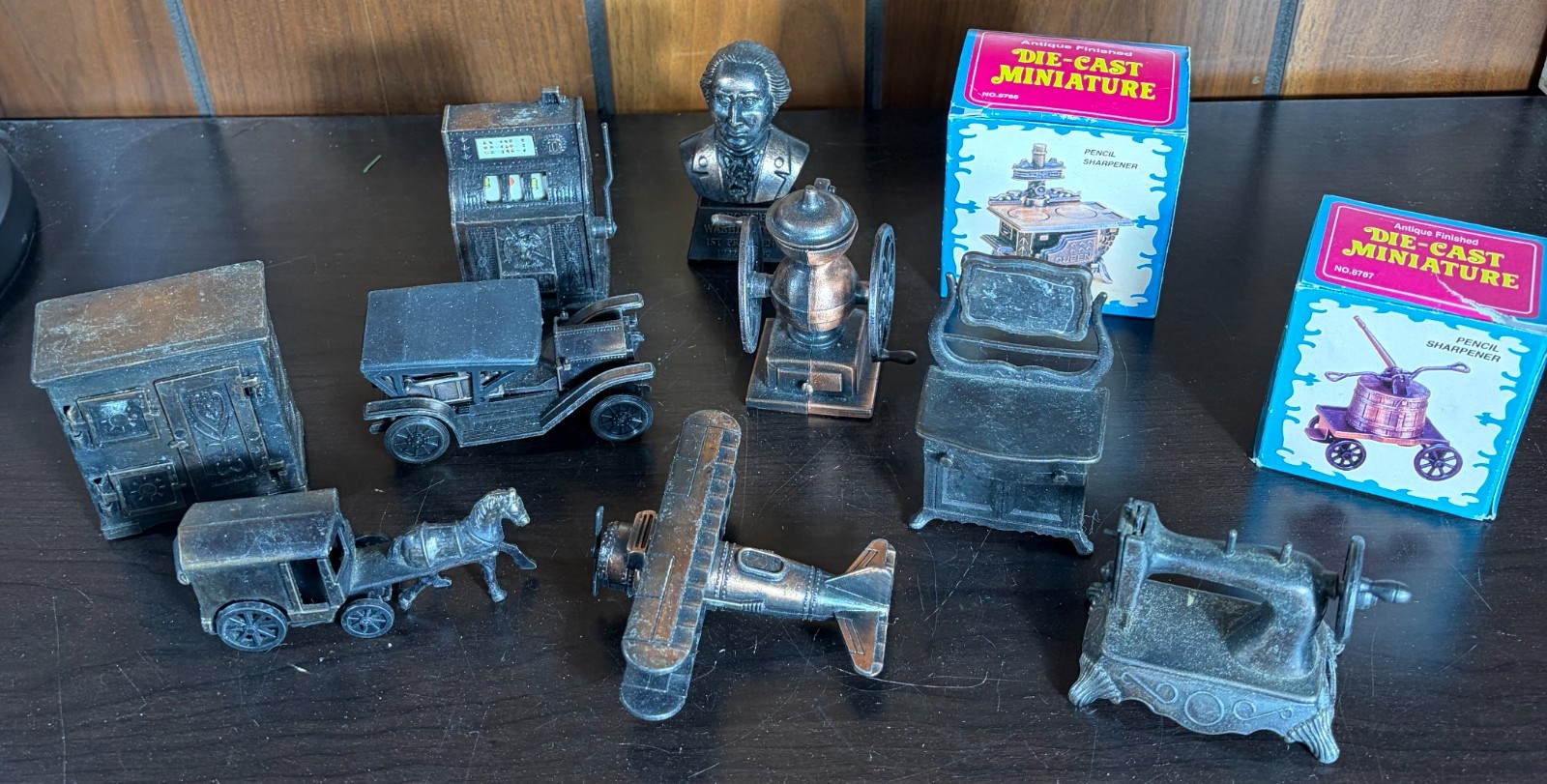 HUGE LOT (11) Vintage Pencil Sharpener Miniature Die Cast Metal - Cool RARE Lot