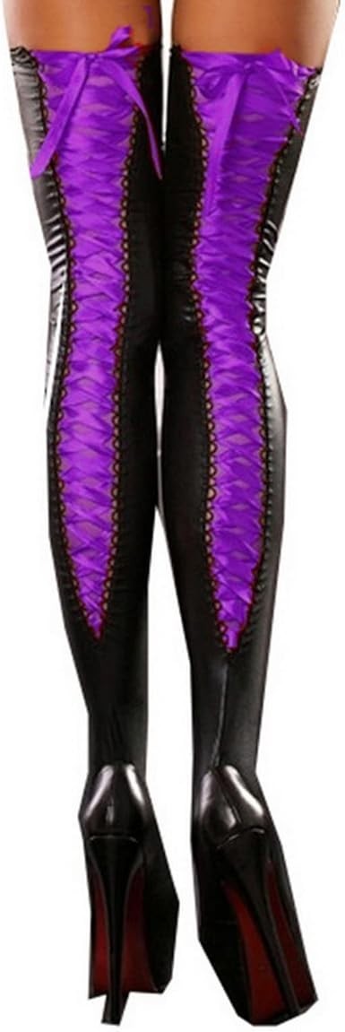 LATEST DESIGN Black Shiny Faux Look Hold Up Stockings  Purple Lace Size S/M/L