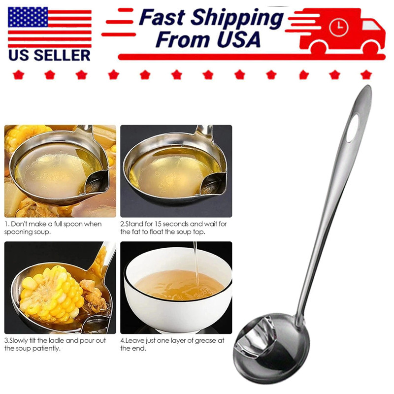 Colander Soup Spoon Stainless Steel Kitchen Gravy Filter Oil Fat Separator Ladle