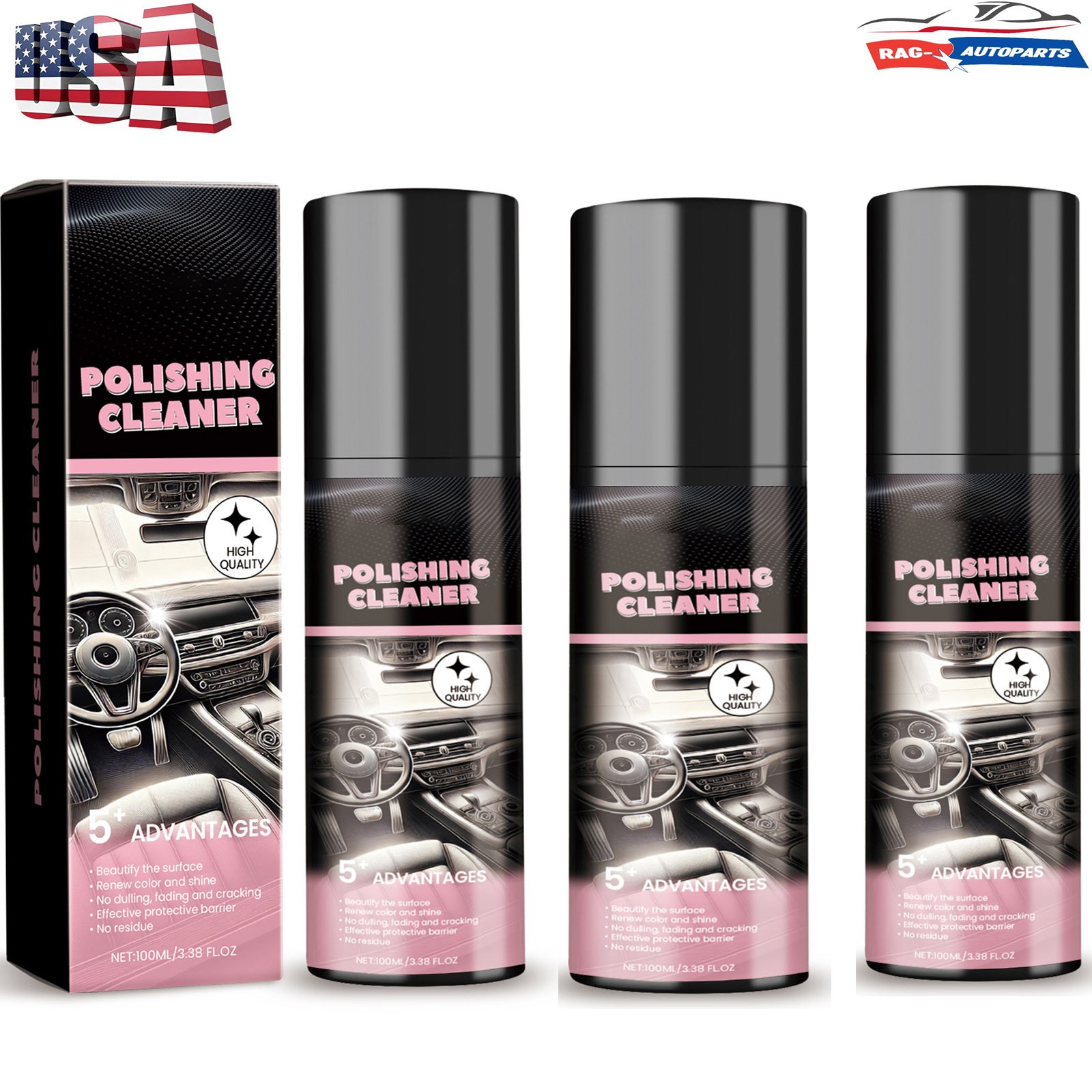 3PCS Polishing Cleaner Car Interior, Car Interior Detailer and Cleaner 100ml USA