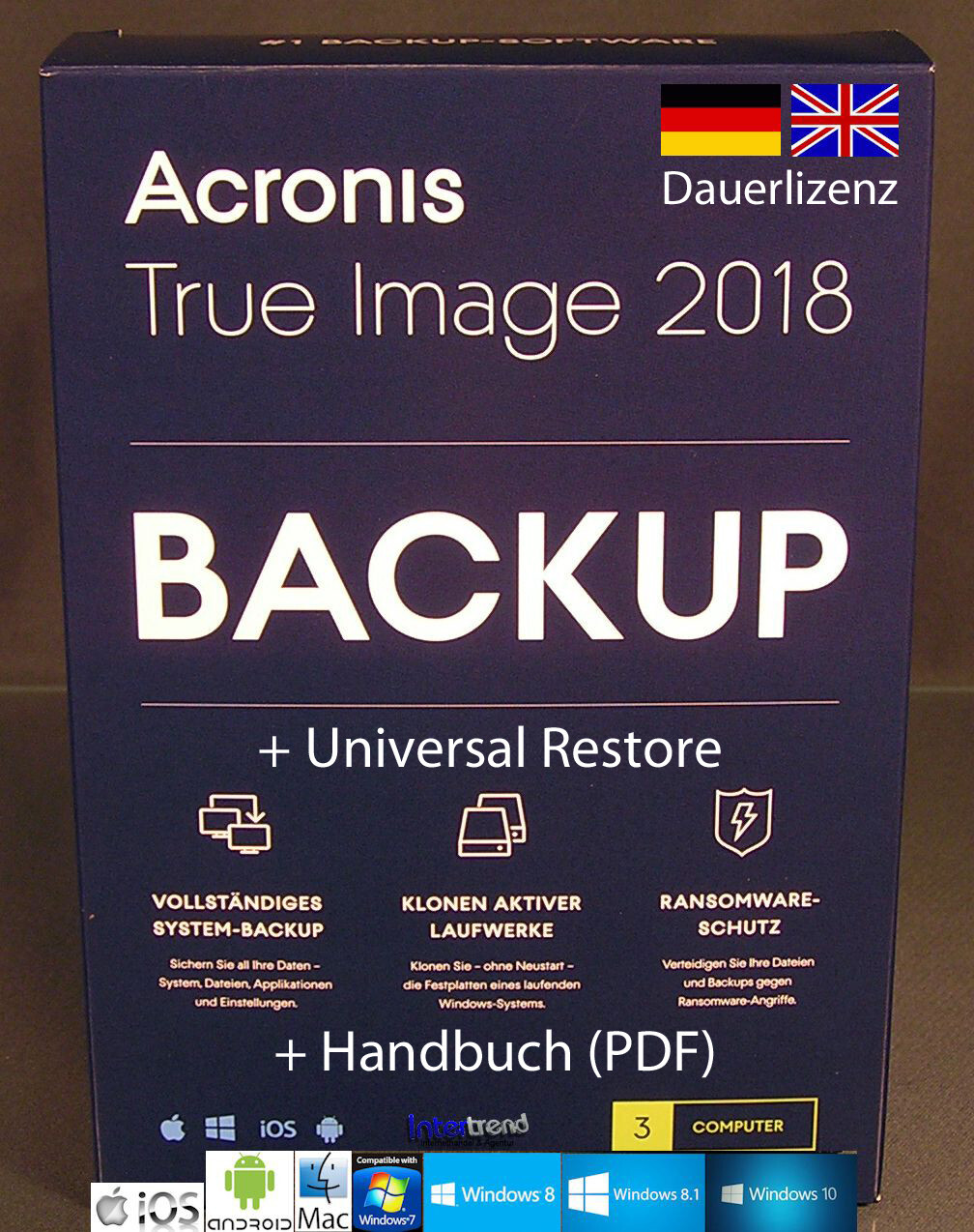Acronis True Image 2018 Full Version 3 PC/Mac + Universal Restore DE/EN New