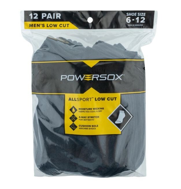 Men's Powersox All Sport Moisture Wicking Low Cut Socks 12 Pair Black Large 6-12