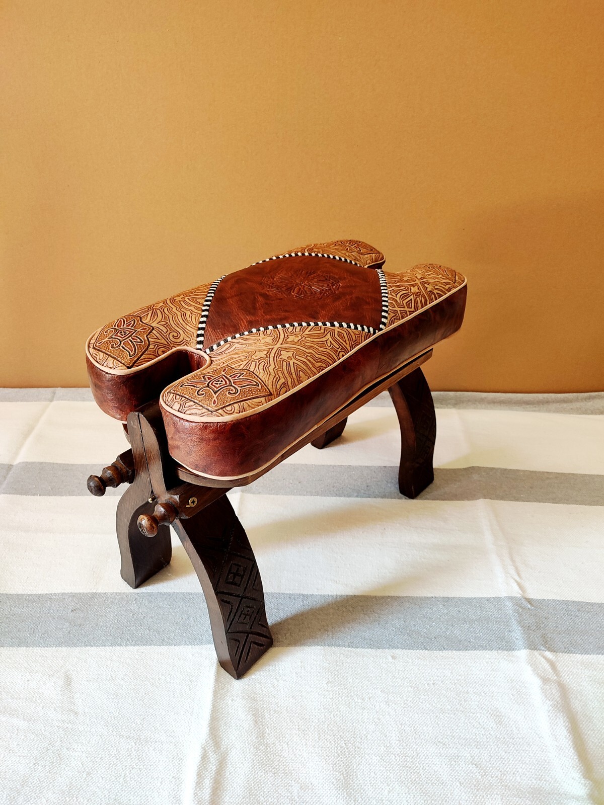 Camel Saddle Stool, Wooden Saddle Stool With Genuine Leather Pad.
