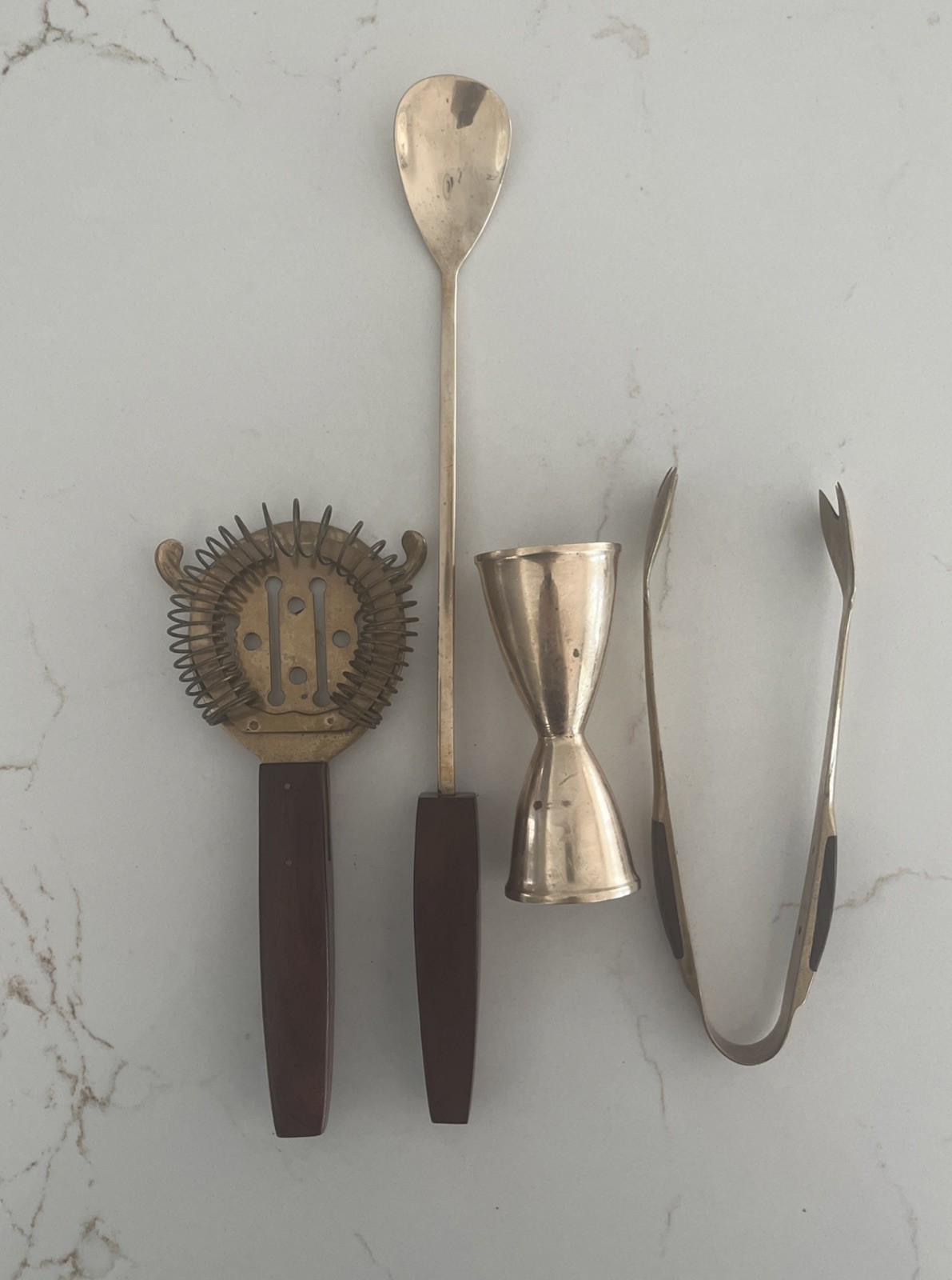 Vintage MCM 4 Piece Brass And Wood Bar Tool Set