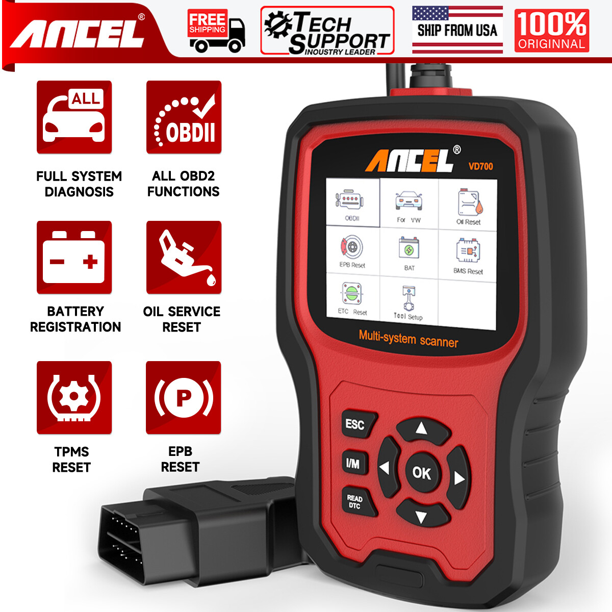 ANCEL VD700 OBD2 Scanner Full System Diagnostic Tool Code Reader For VAG VW Audi