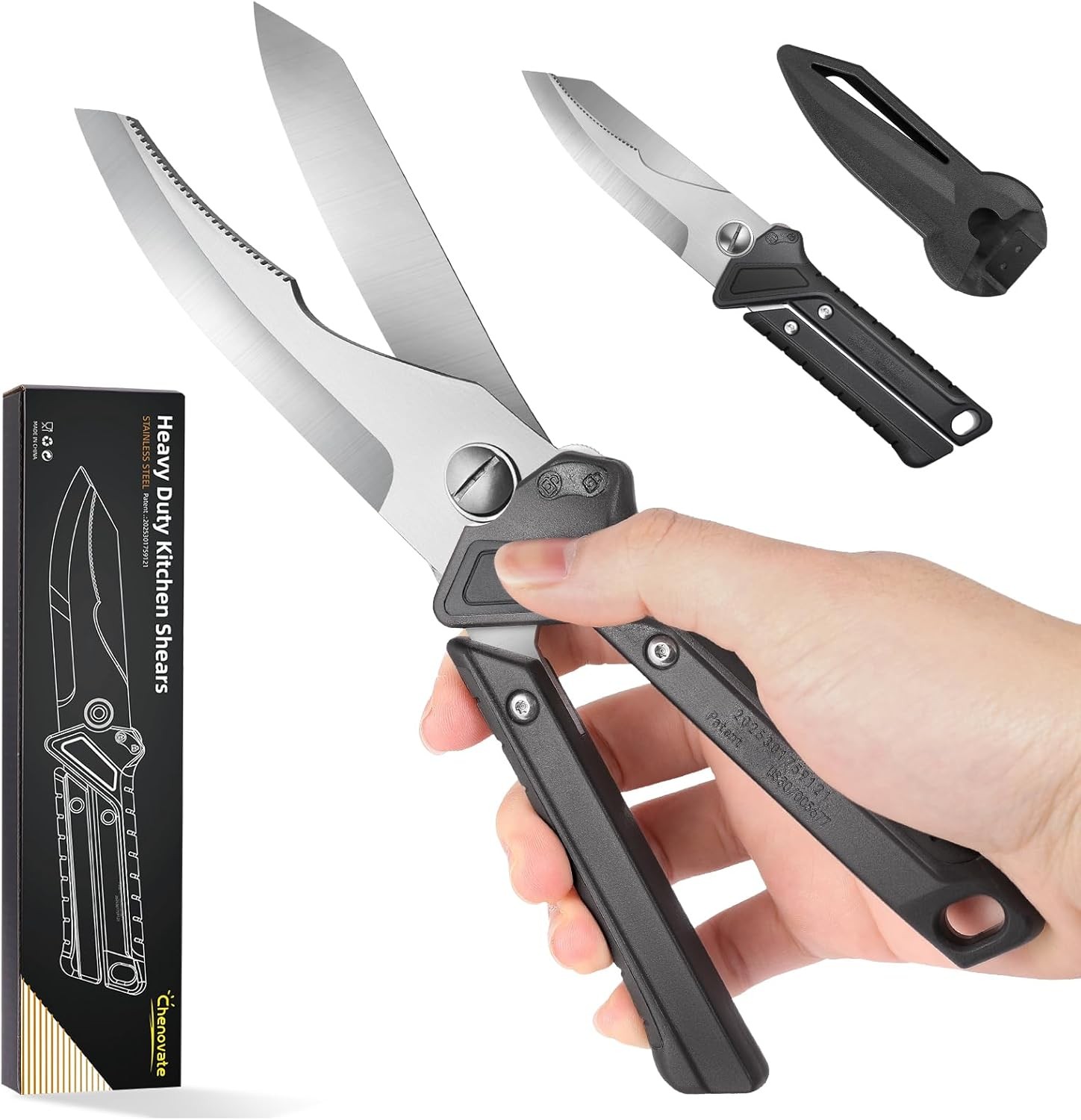 Chenovate Heavy Duty Kitchen Scissors with Knife Lock for Food Black