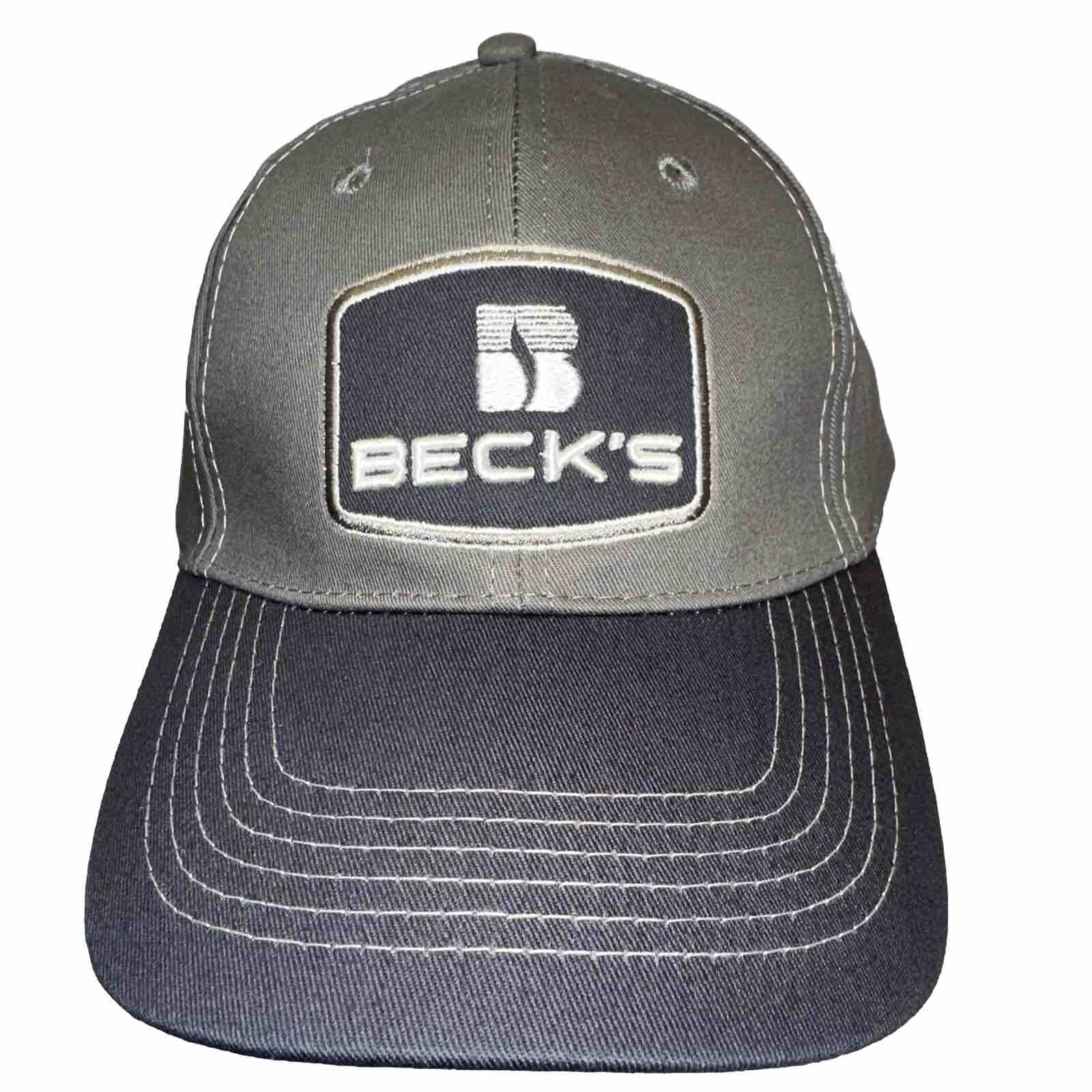 Becks Blue Silver Patch  w Logo on Gray Blue Hat Cap. Top stitched Hook Loop EUC