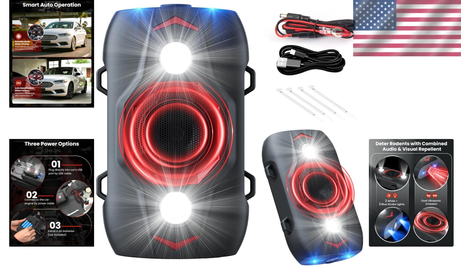 Multi-Use Ultrasonic Rodent Repellent with Dual-Sonic & Strobe Light Technology
