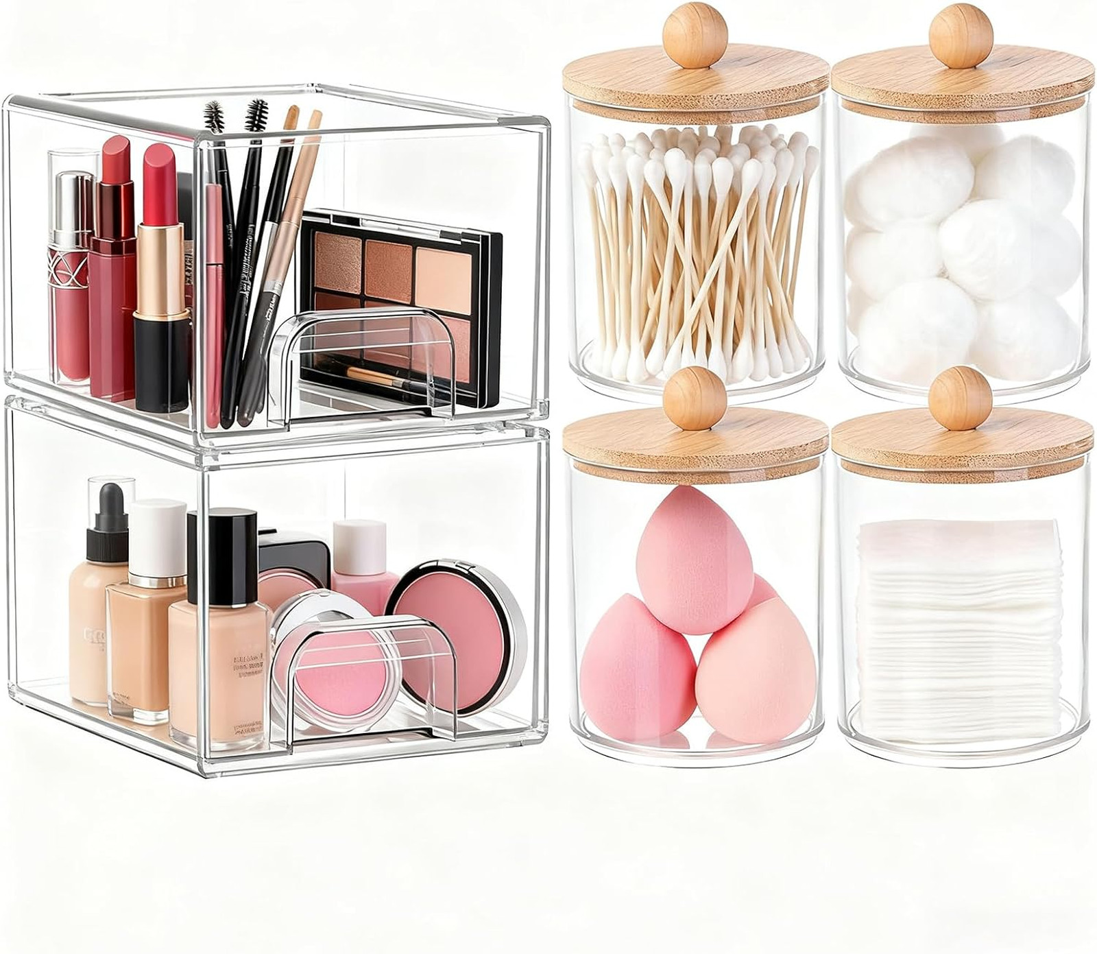 6 Pack Clear Stackable Storage Drawers & Qtip Holder Dispenser with Bamboo Lids