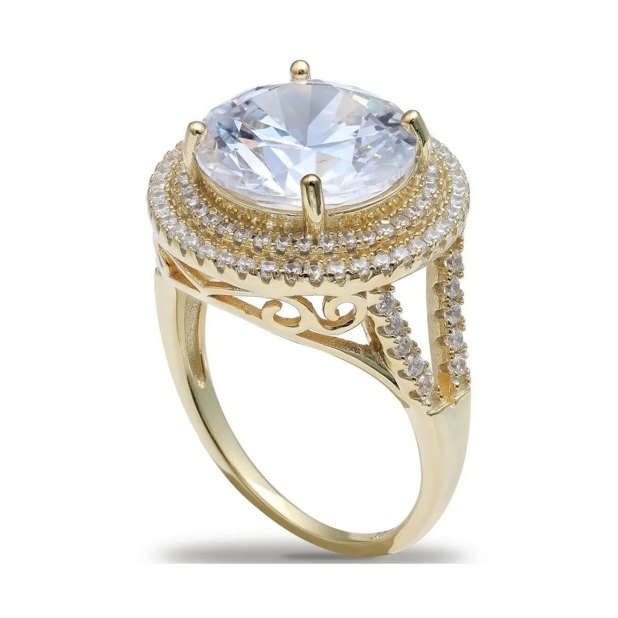 Gold Engagement Ring Round Cubic Zirconia Halo Setting Pave Accents Love Theme