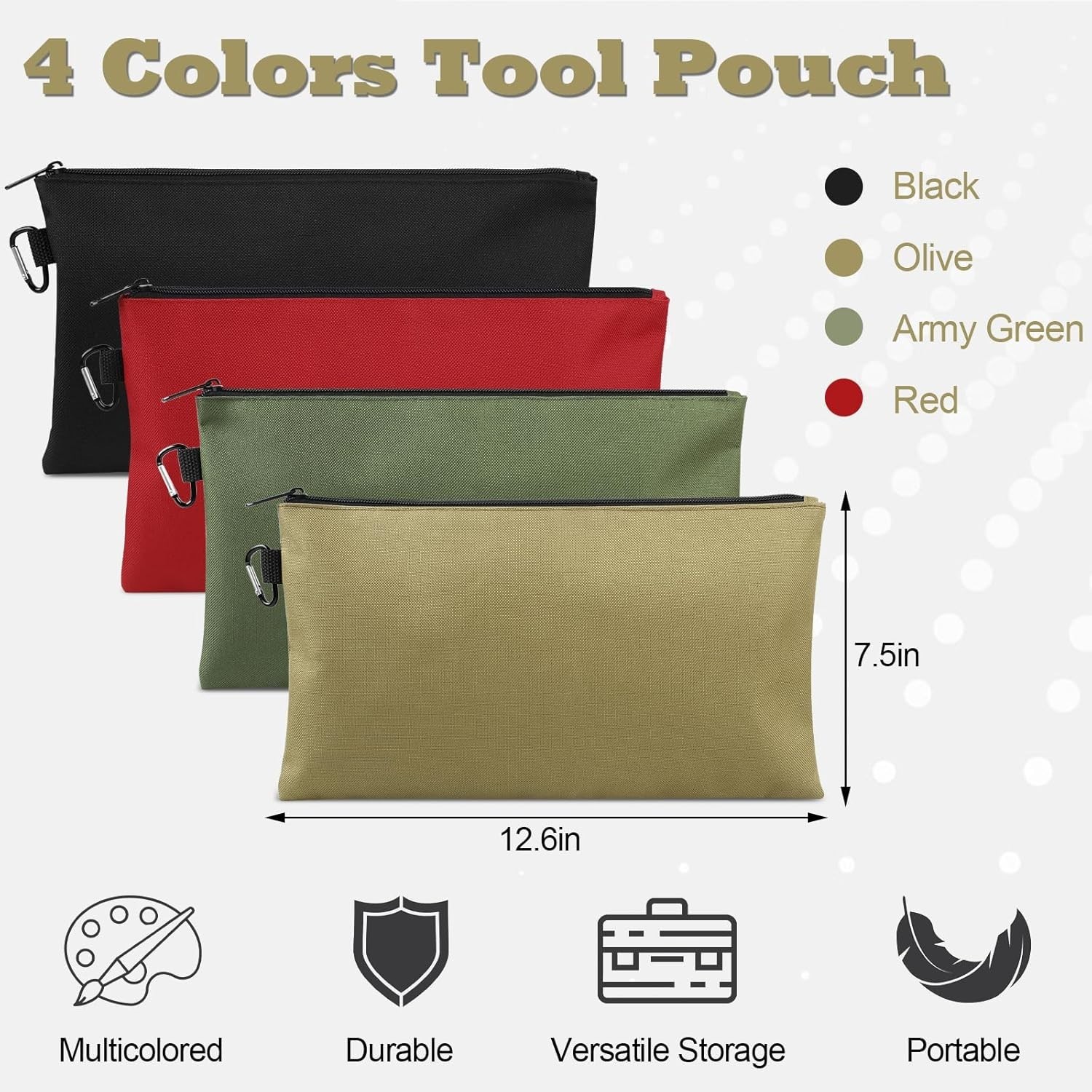 4 Pack 12in Tool Pouch Zipper Bag Multipurpose Storage Carabiner