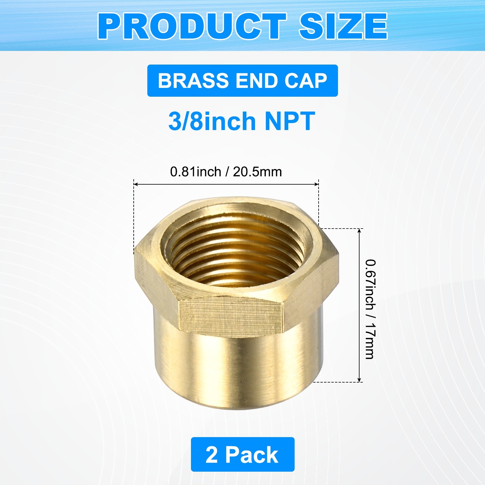 2-Pack Brass Pipe Fitting, 3/8 Inch NPT Female Thread Hex End Cap