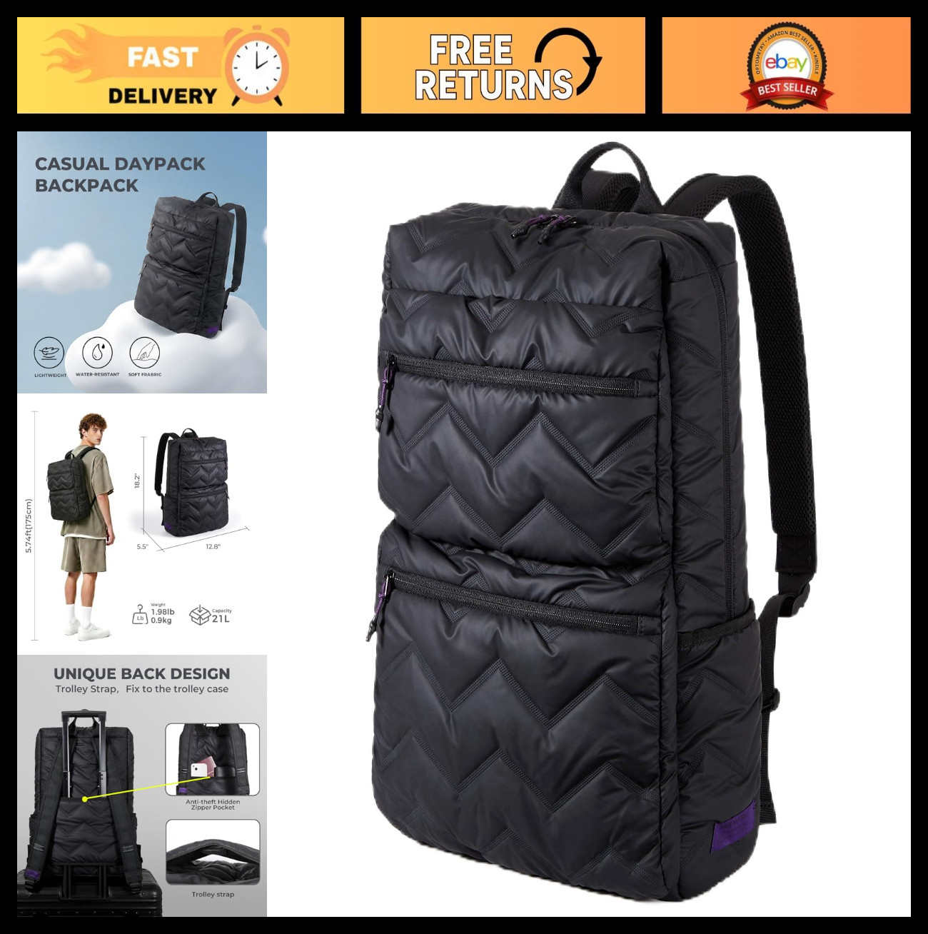 Lightweight 17" Water Resistant Laptop Backpack, Anti-Theft, Travel & College Ba