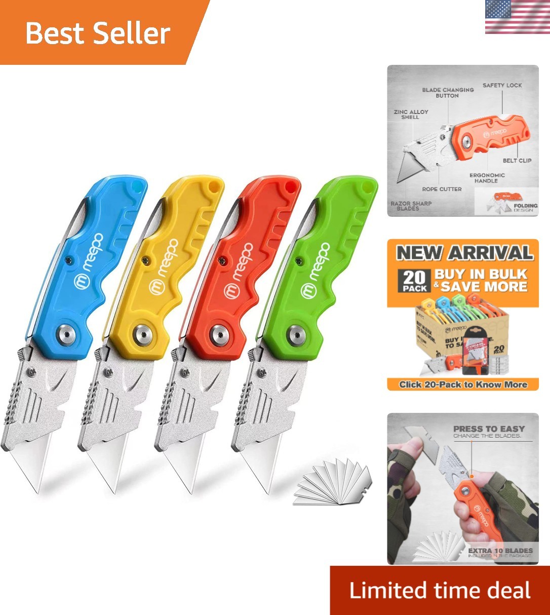Ergonomic Utility Knife Set: 4 Box Cutters with 10 Extra Blades Included