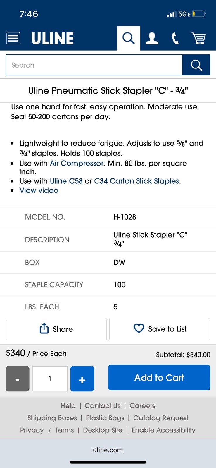 Uline Stapler Type C H-1028