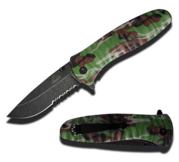 Heavy Duty 4.5" Rabbit Spring Assist Stone Finished Blade w/ Green Camo Handle