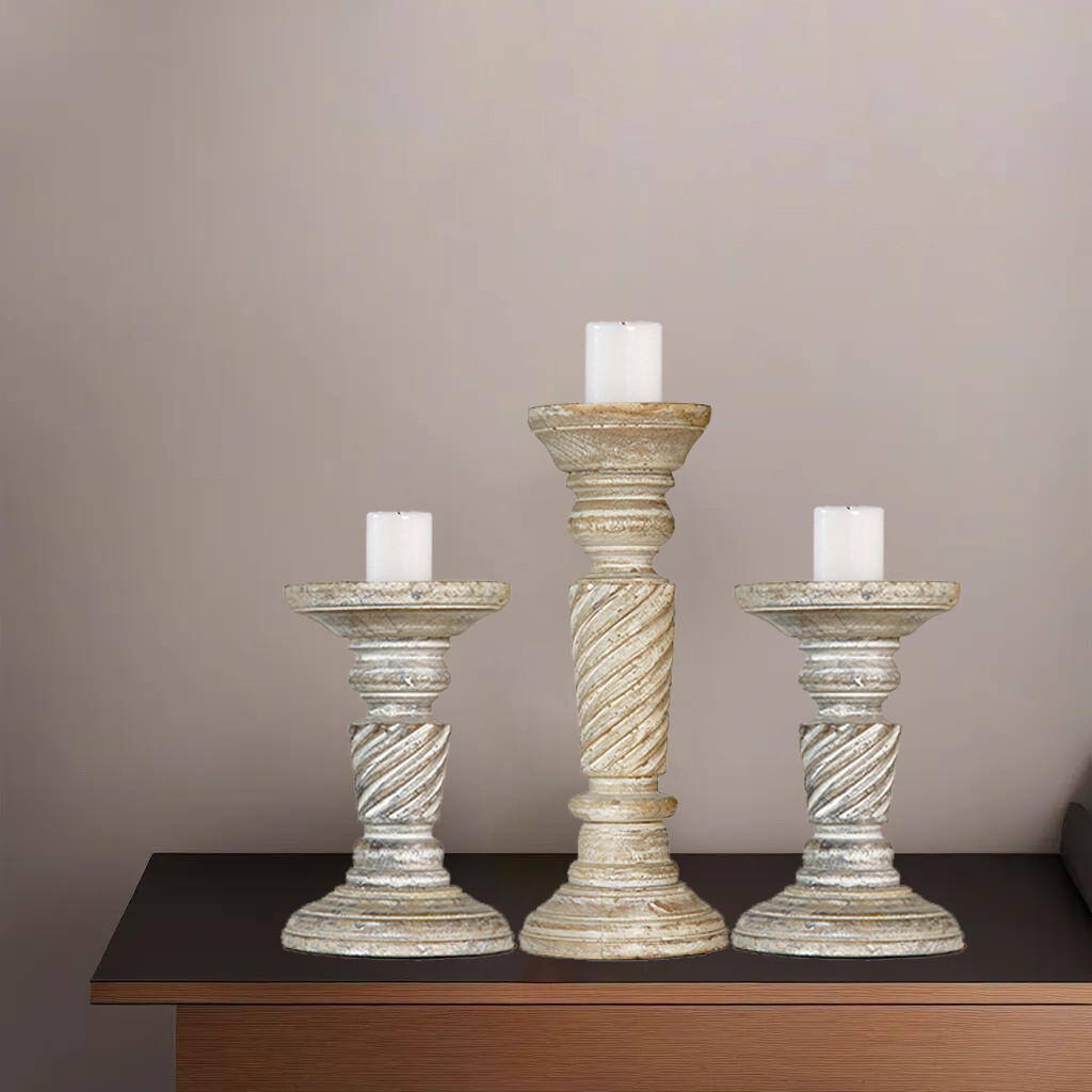 Handmade Traditional Antique White Eco-Friendly Set Of Three Pillar CandleHolder