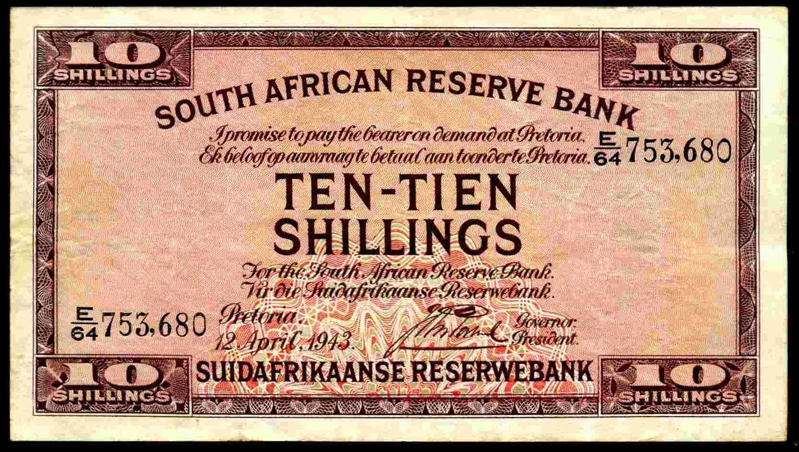 South Africa, Reserve Bank, 10 Shillings, 12-4-1943, (Pick 82d), VF.
