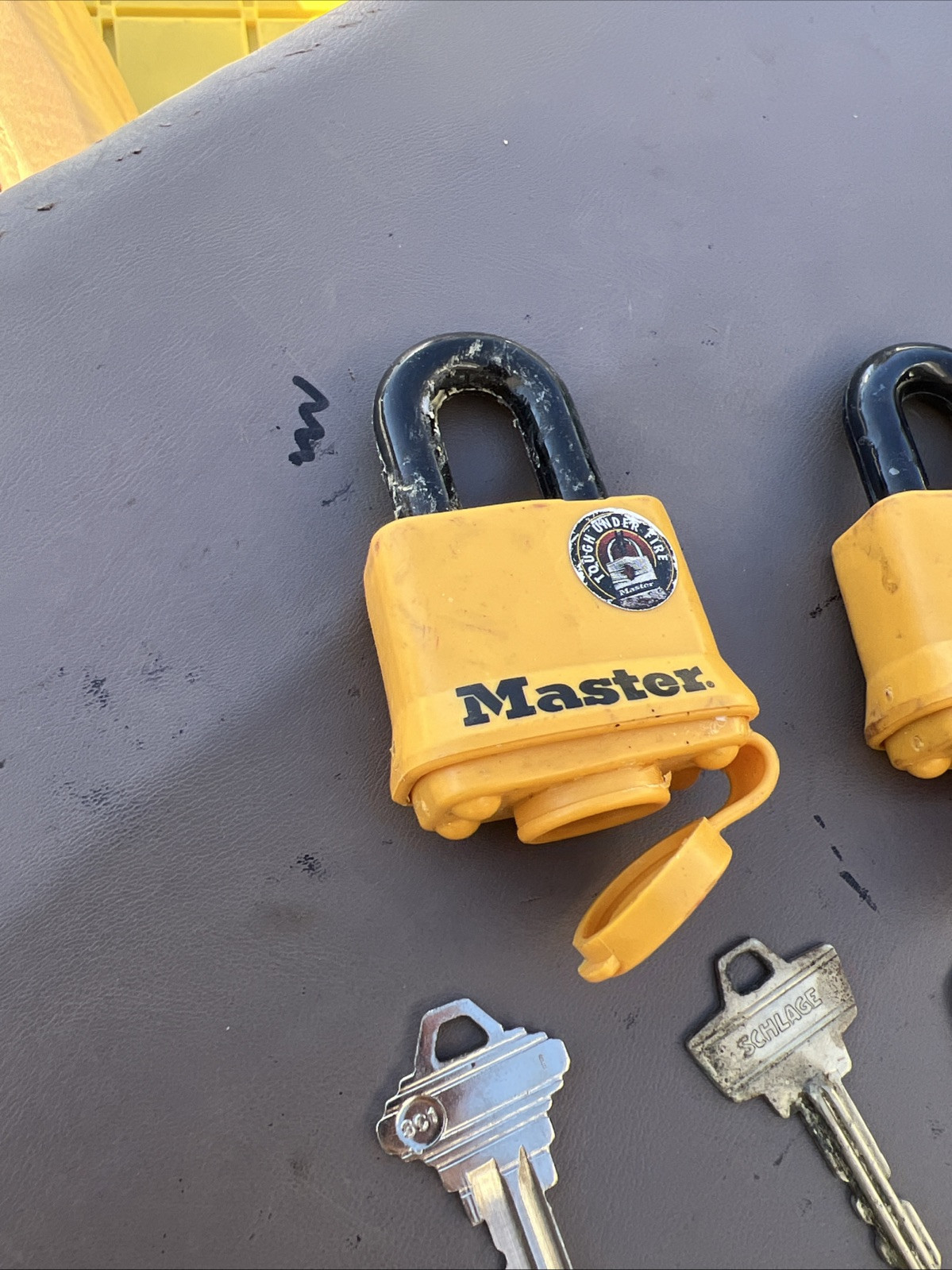 2 Master Lock Tough Under Fire Padlocks Yellow - No Keys - Plus Key Lot -Medeco