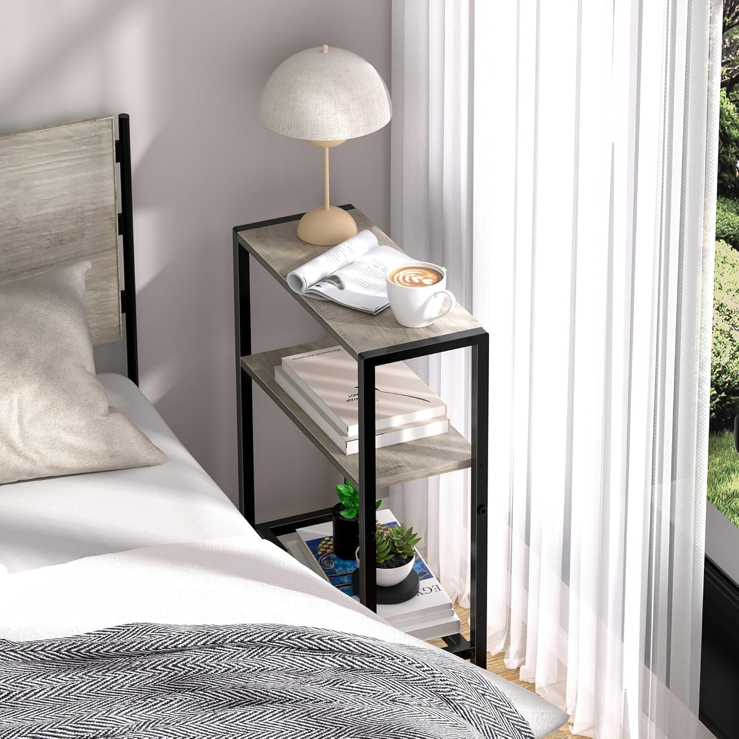 Narrow Side Table Set of 2 Small Space 2-Tier Small End Table W/ Shelf Holder