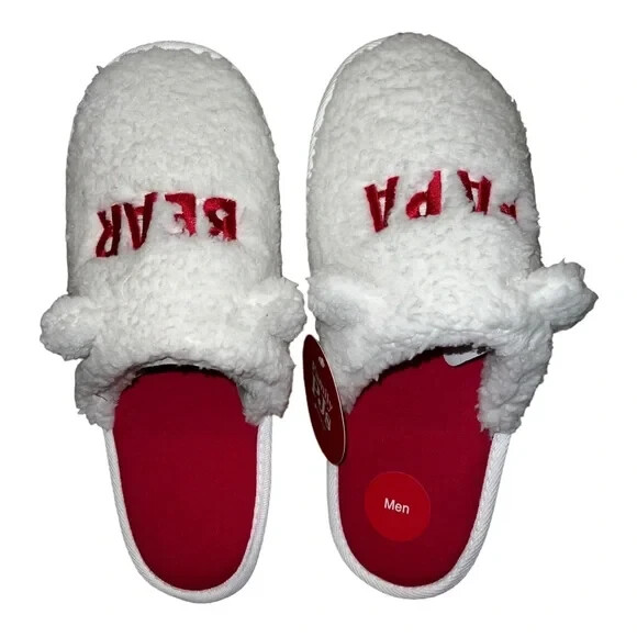Macy's Family Pajamas Papa Bear Faux-Fur Slippers White Red Mens Small 6-7 New