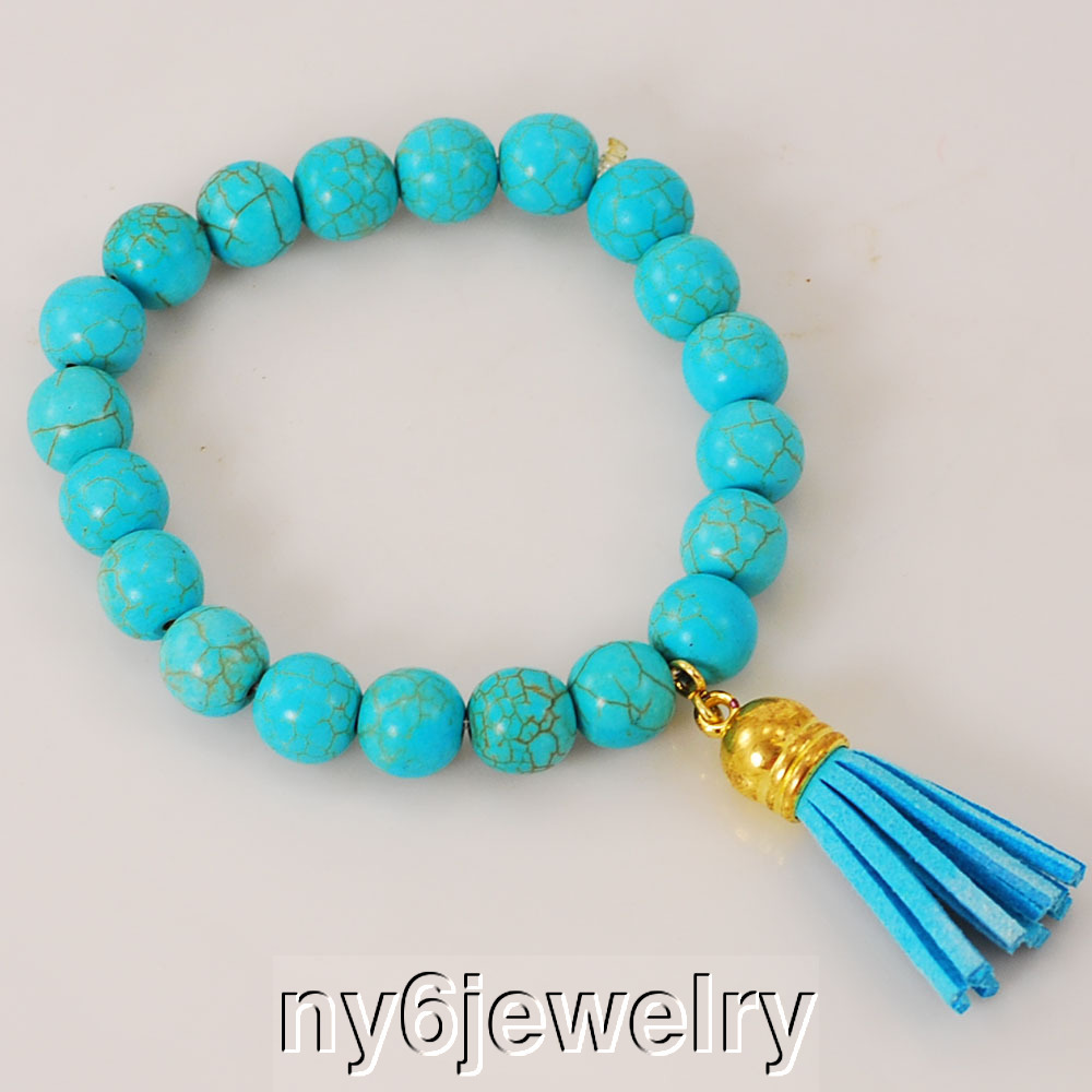 Blue Magnesite Turquoise Stretchy Bracelet w/Gold Tone & Blue Tassel Charm 8"