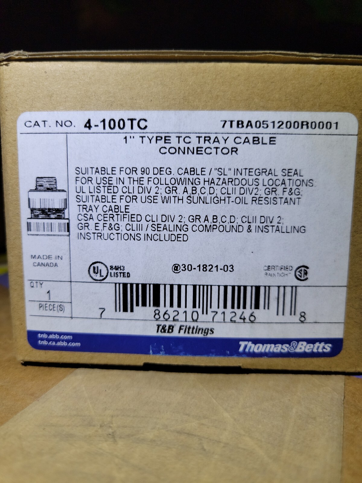 Thomas & Betts 1” Type TC Tray Cable Connector