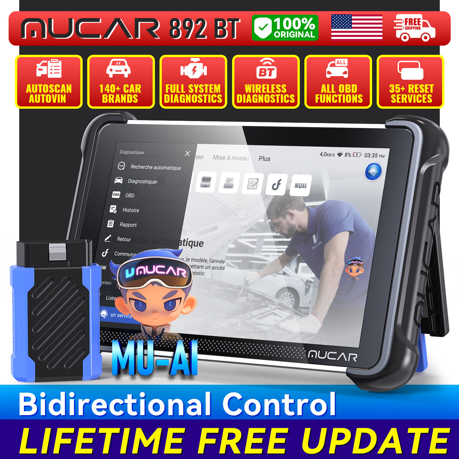 MUCAR 892BT Bidirectional OBD2 Scanner Car System Diagnostic Tool AI-Assisted